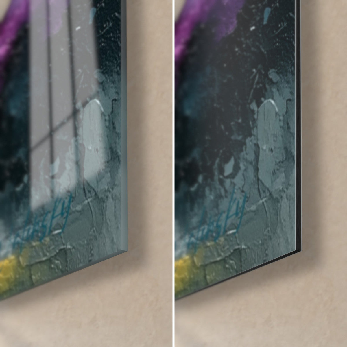 Tableau nuée jaune et violette en peinture empâtée, coin bas droit : verre acrylique brillant reflétant la fenêtre, Dibond noir mat, tranche de 3 mm