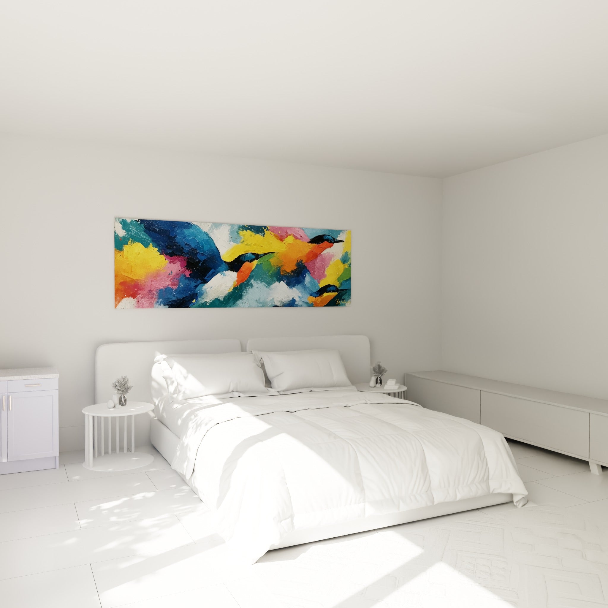 Silhouettes d'oiseaux orangé et bleu marine, style Peinture abstrait au-dessus d'un lit dans une chambre claire