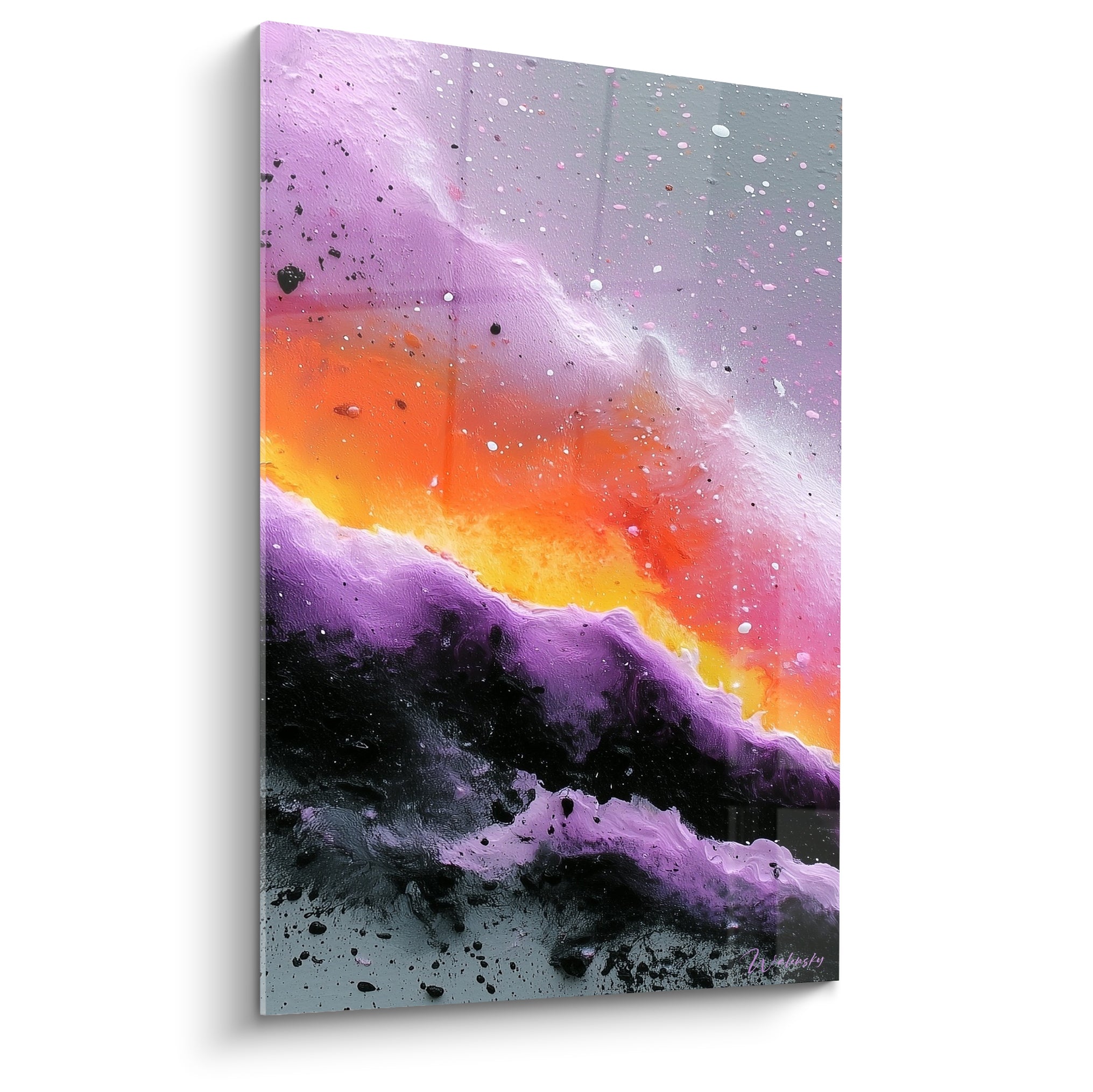 Éruption céleste orange et violette style Peinture abstrait aux textures épaisses et éclats lumineux