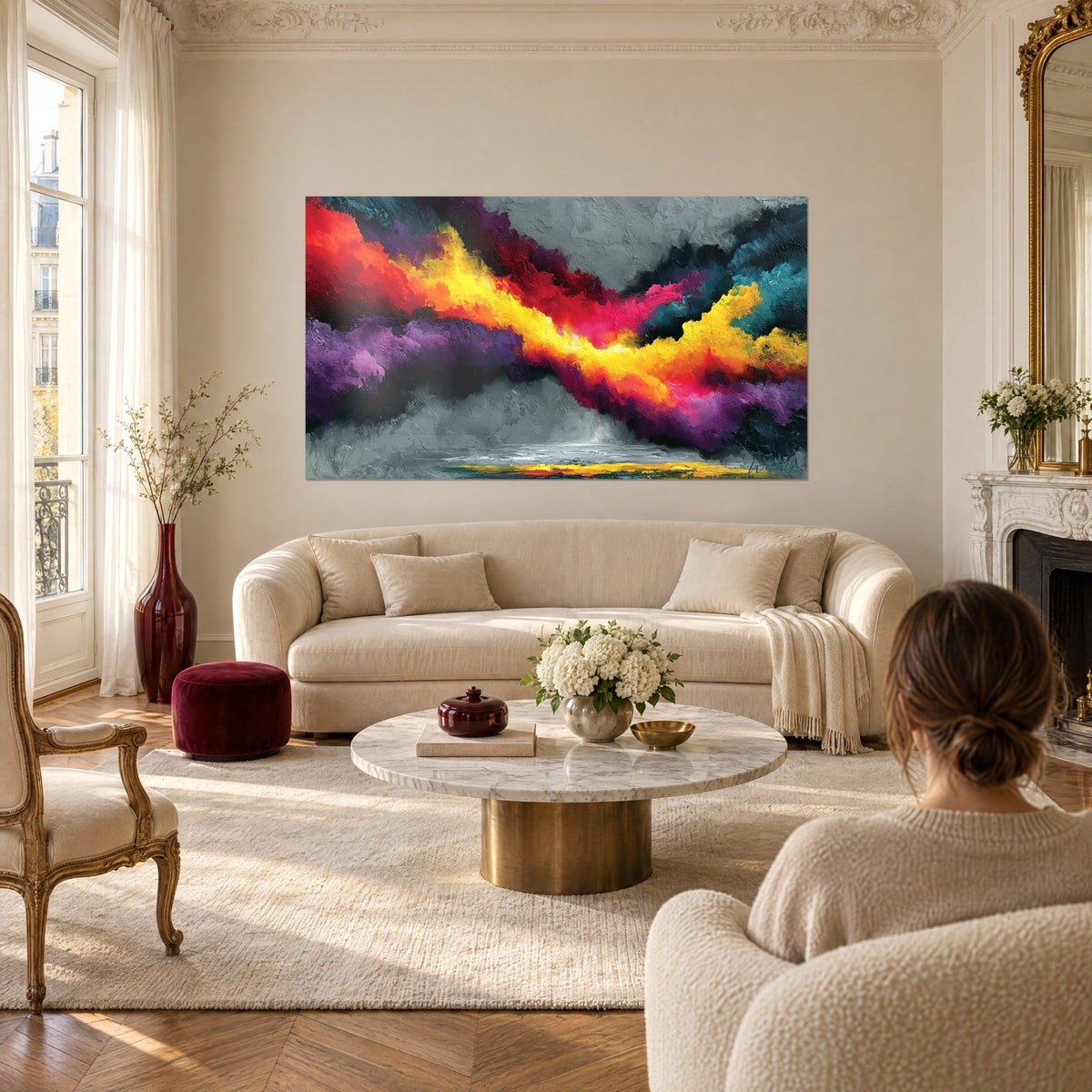Tableau nuage jaune citron et violet prune barrant un ciel gris, pâte épaisse, deux personnes de dos, au-dessus d'un canapé dans un salon lumineux