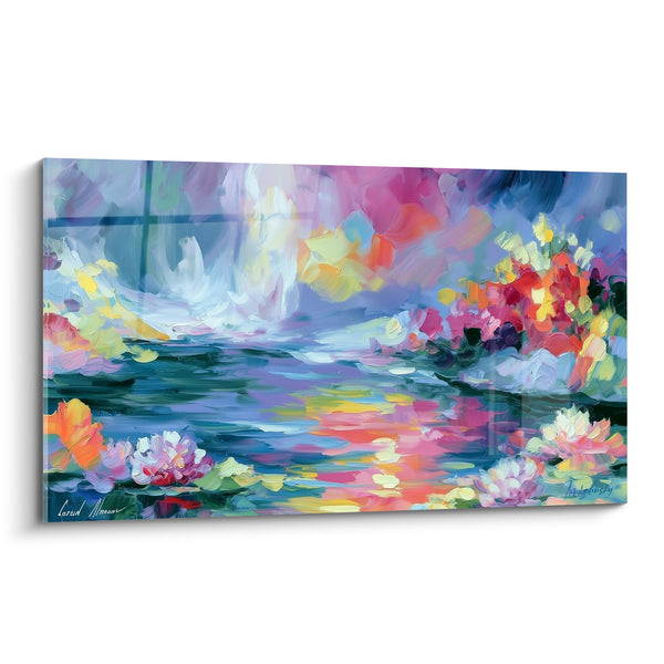 Tableau Étang fleuri aux reflets roses et bleus - Éveil du jardin - Edition style Peinture abstrait