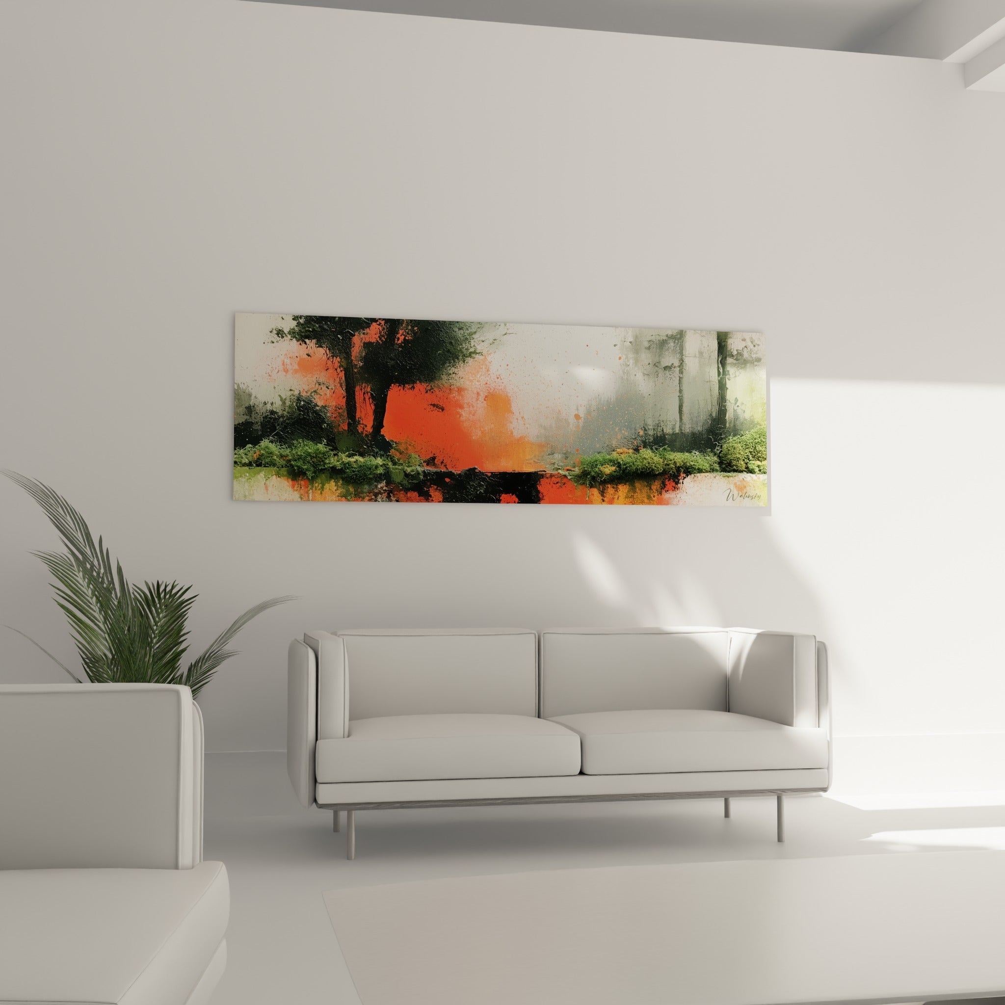 Paysage boisé orange et vert sauge en peinture abstraite, disposé au-dessus d'un canapé dans un salon lumineux