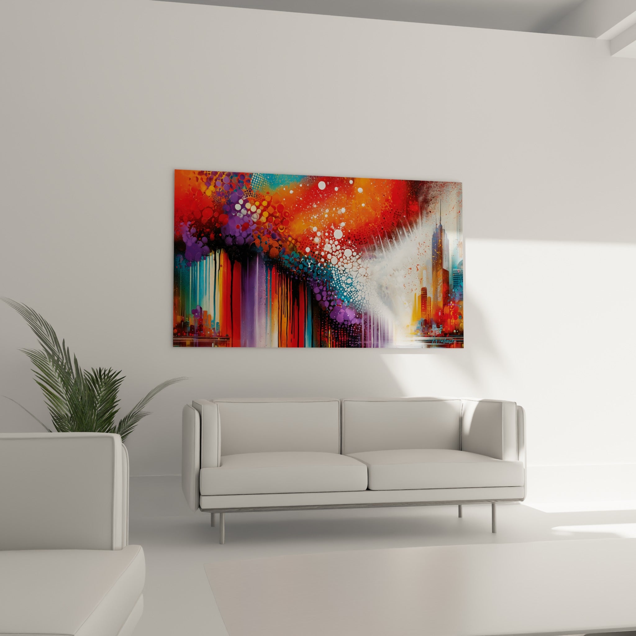 Coulures violettes et dorées d'une œuvre style Peinture abstrait, au-dessus d'un canapé dans un salon lumineux