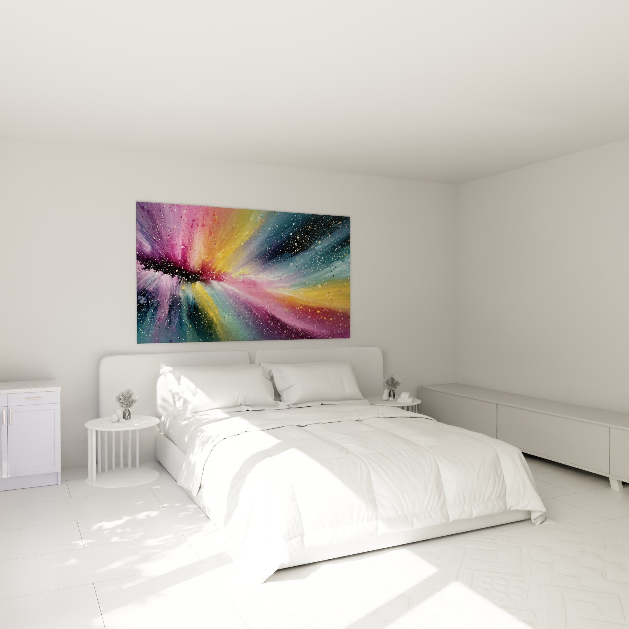 Explosion cosmique rose et anthracite, style Peinture abstrait au-dessus d'un lit dans une chambre claire