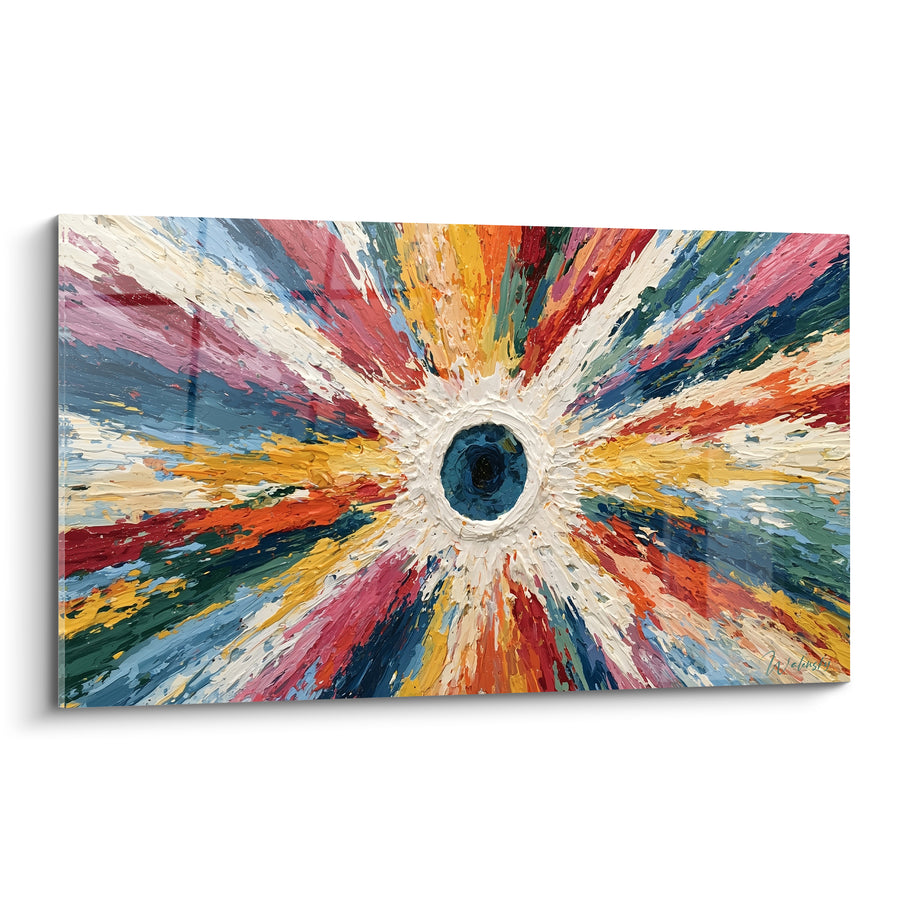 Tableau Rayons multicolores autour d'un noyau bleu marine - Pupille centrale sombre - Edition style Peinture abstrait