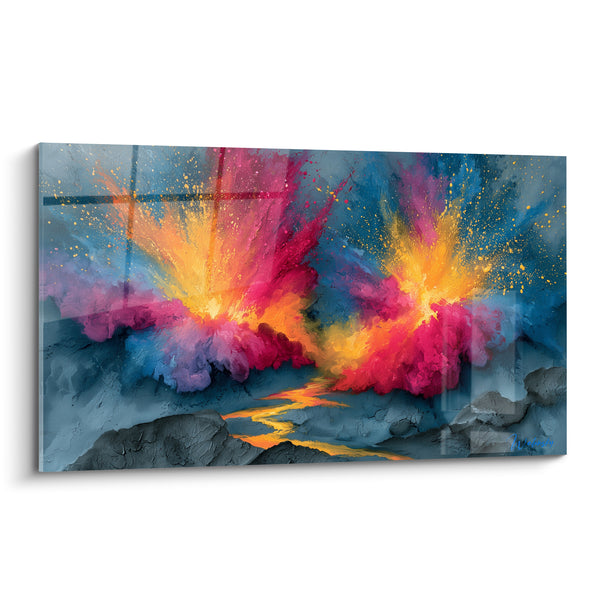 Tableau Explosions volcaniques bleu et orange - Éruption jumelle - Edition style Peinture abstrait