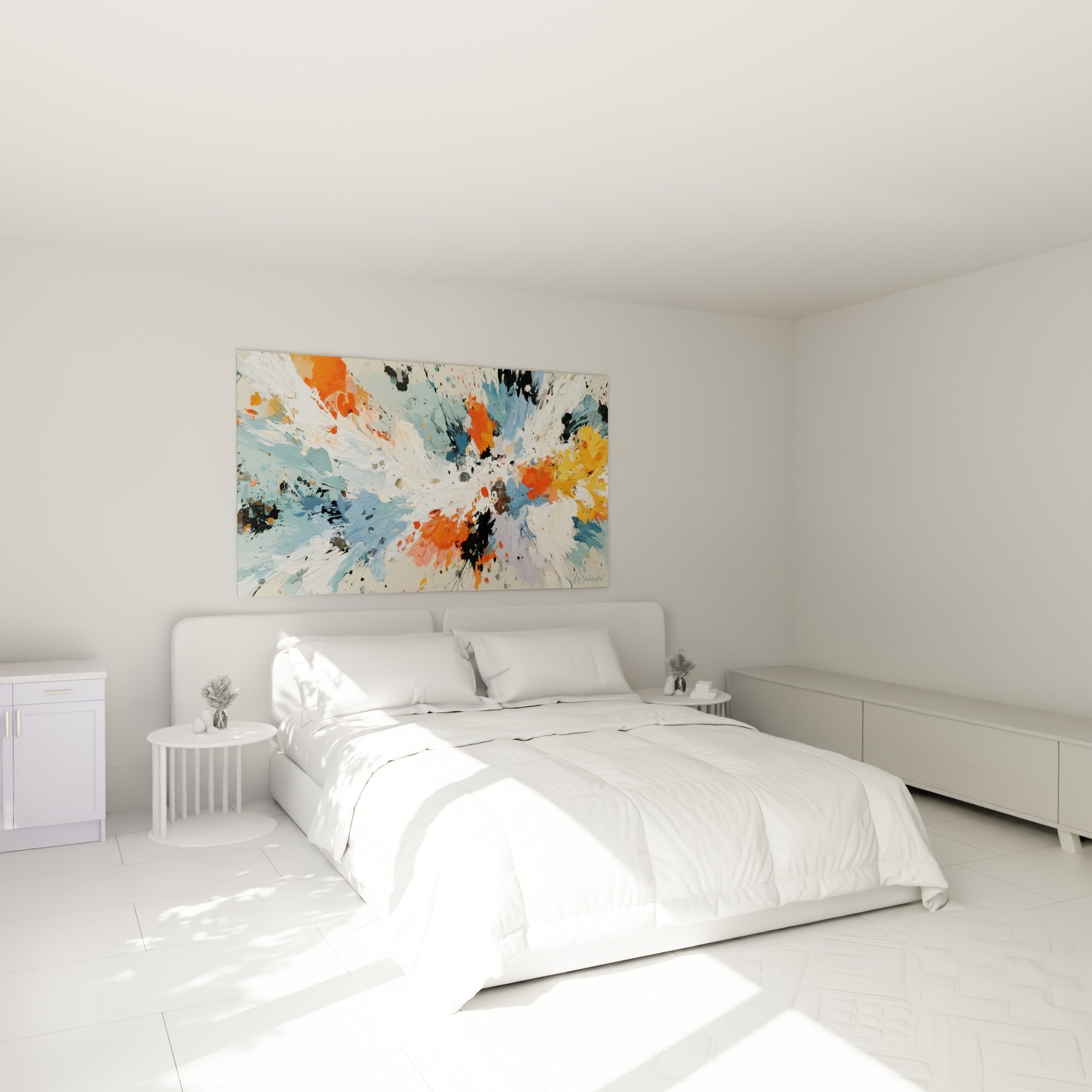 Explosion picturale orange et bleu poudré accrochée au-dessus d'un lit dans une chambre claire
