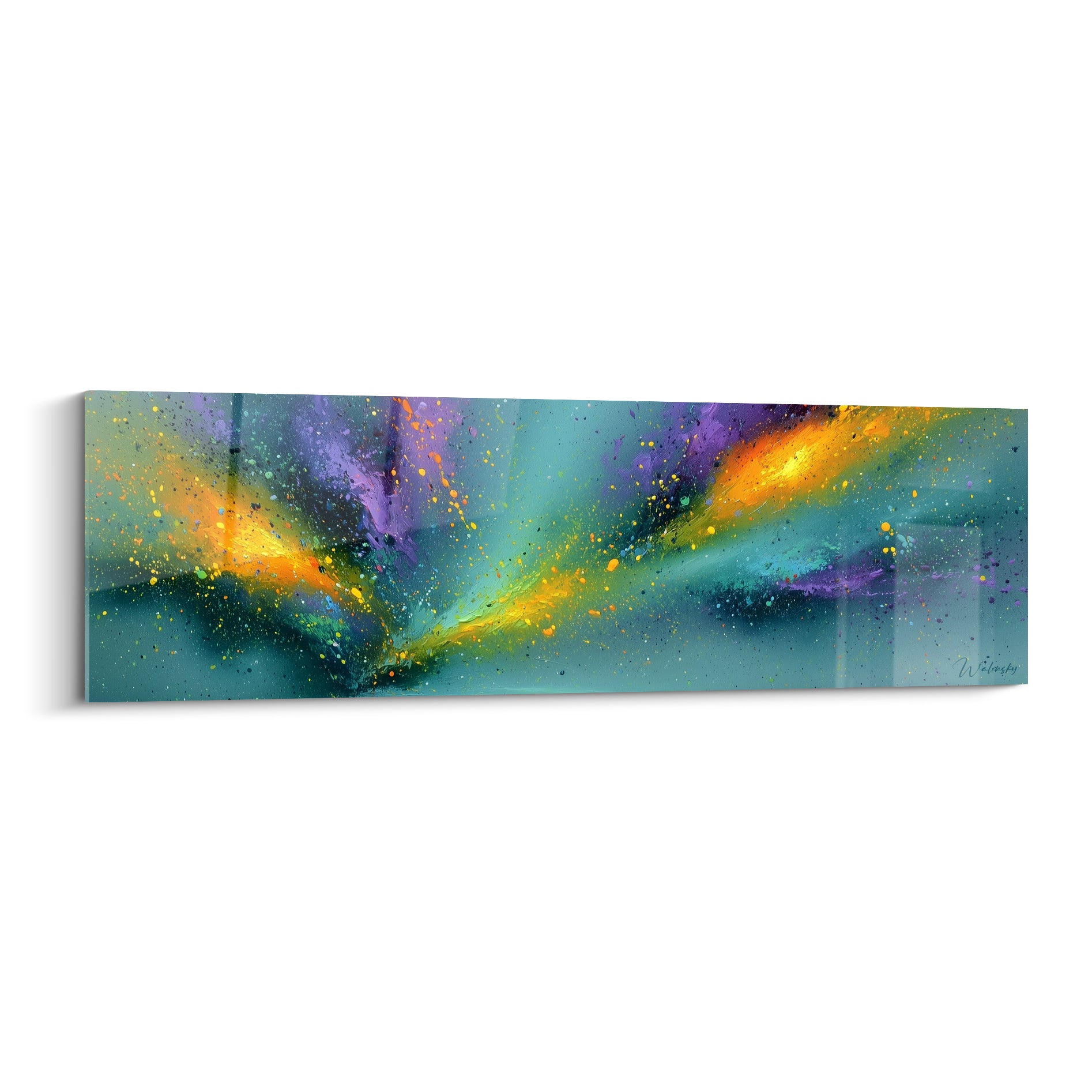 Explosion cosmique turquoise et orangée, style Peinture abstrait aux éclats violets sur fond profond