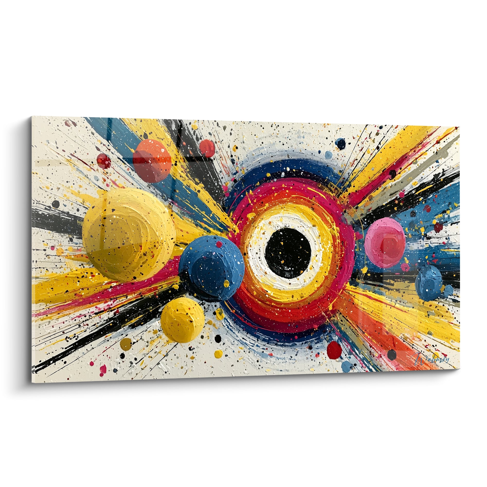 Explosion cosmique jaune et bleu marine, sphères éclaboussées sur fond ivoire, style Peinture abstrait