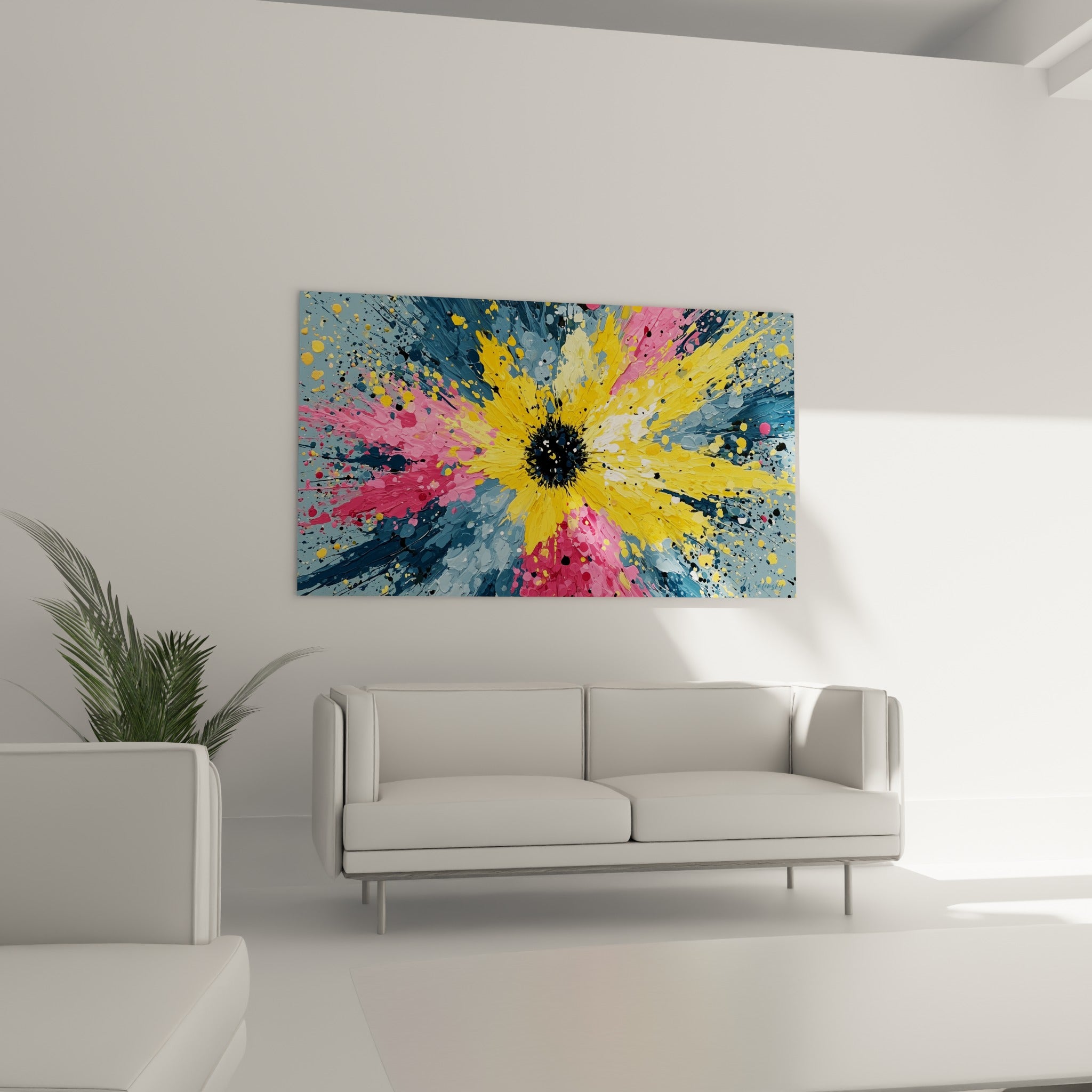 Explosion florale jaune, rose et noire déployée au-dessus d'un canapé dans un salon lumineux