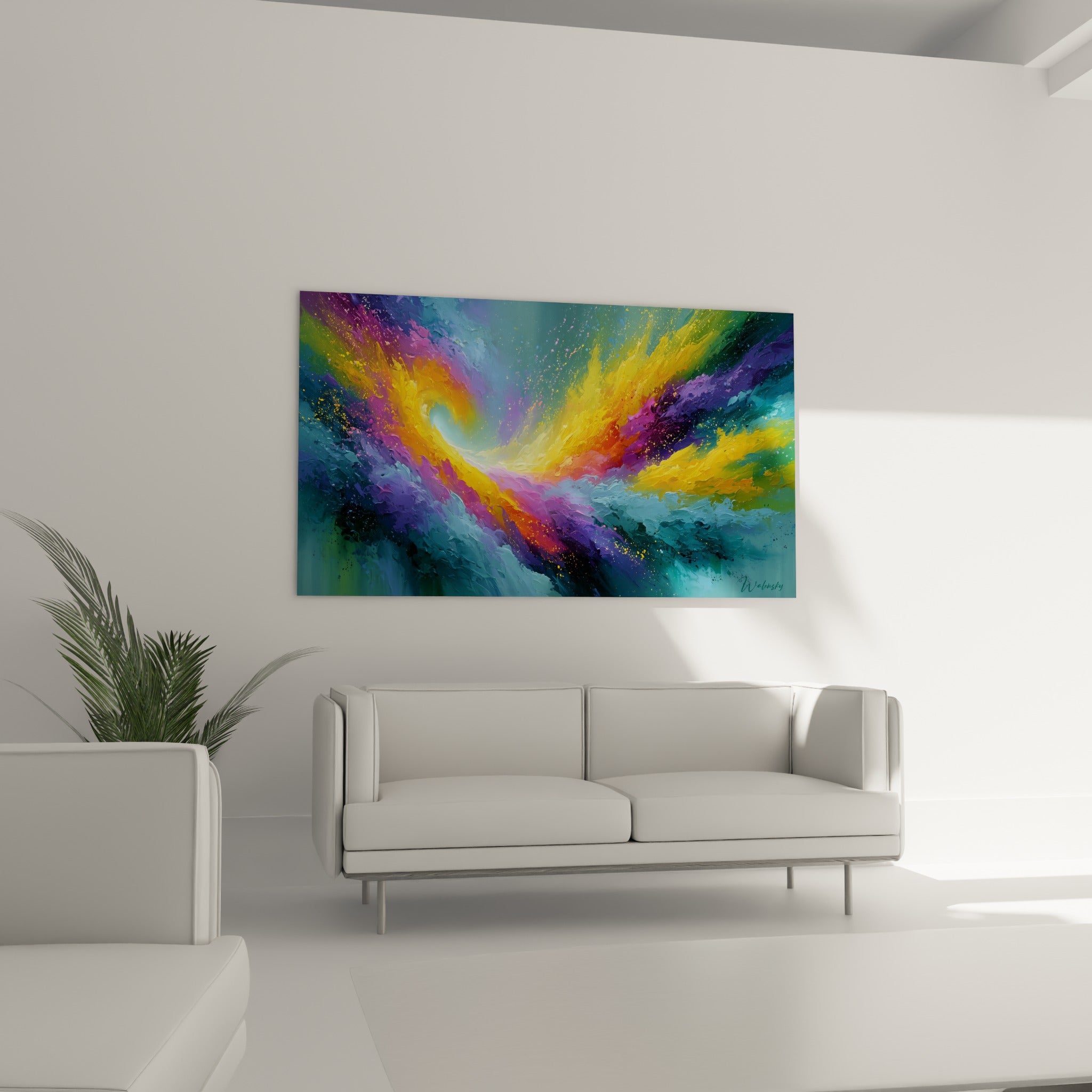 Explosion colorée turquoise et dorée, style peinture abstrait, au-dessus d'un canapé dans un salon lumineux