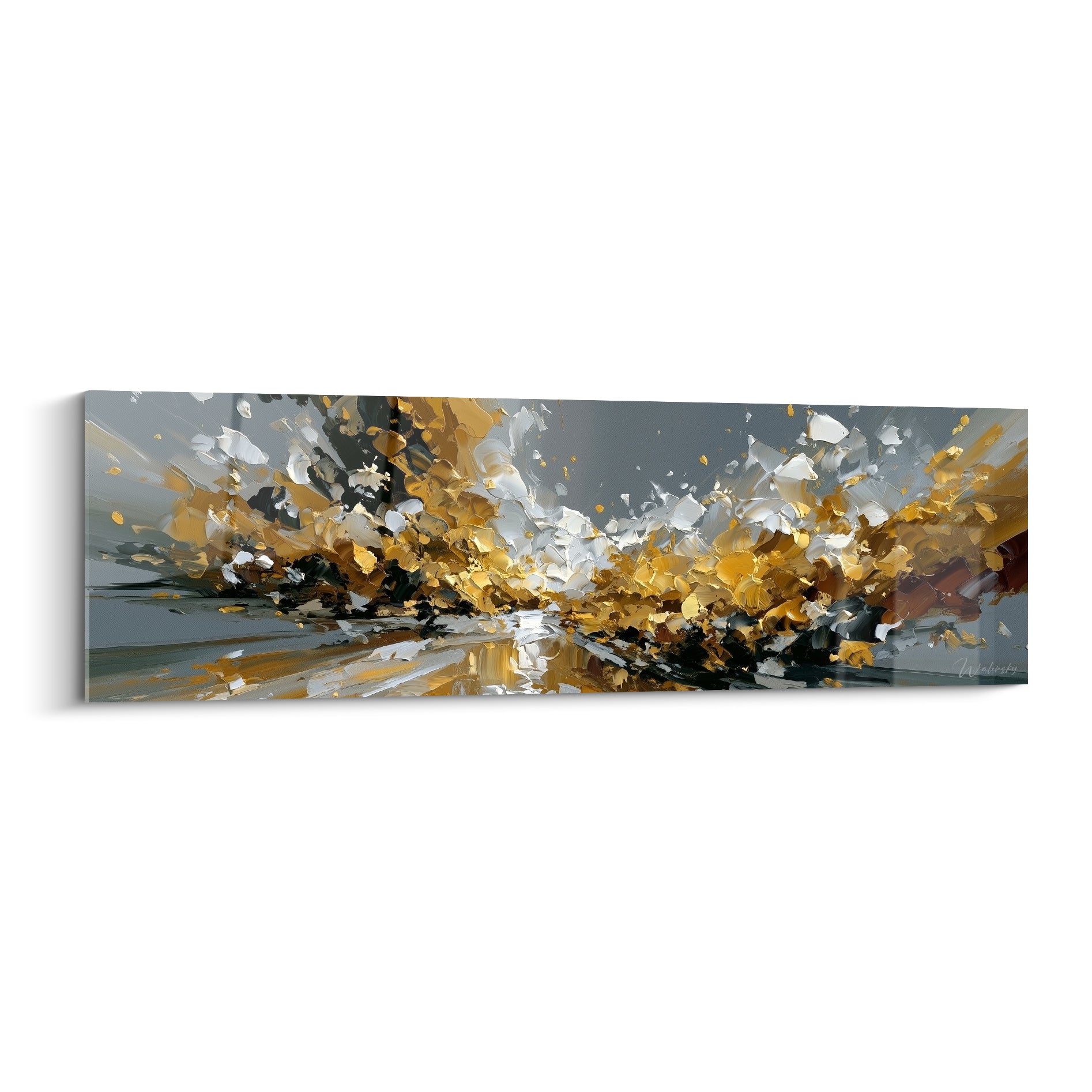 Explosion dorée et anthracite en relief épais, style Peinture abstrait au format panoramique large