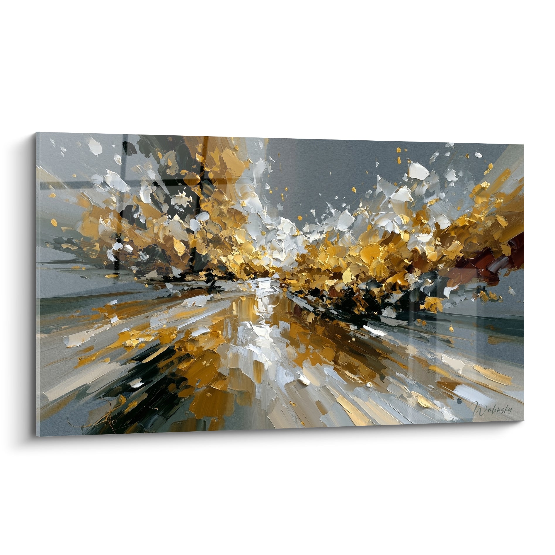 Explosion dorée et grise style peinture abstrait aux empâtements texturés et reflets lumineux