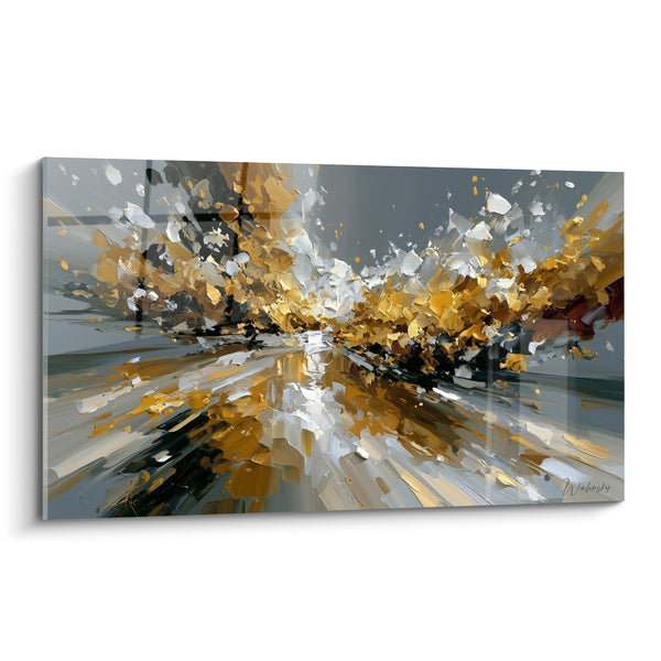 Tableau Explosion dorée aux éclats gris anthracite - Fragments en suspension - Edition style Peinture abstrait