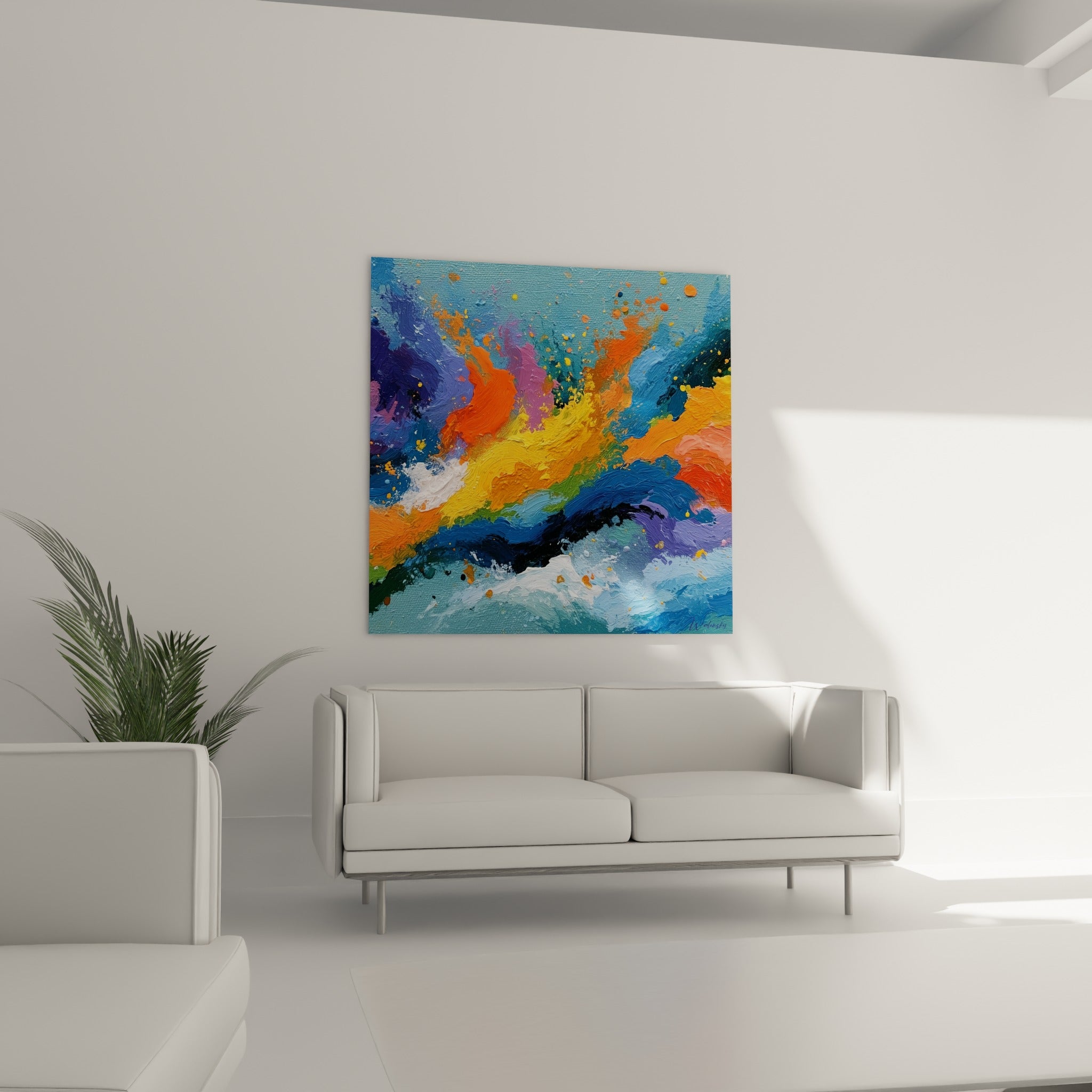 Composition orange et bleu profond de ce style Peinture abstrait au-dessus d'un canapé dans un salon lumineux