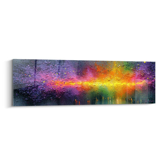 Explosion dorée et violette traversant un fond anthracite texturé, style Peinture abstrait au relief marqué