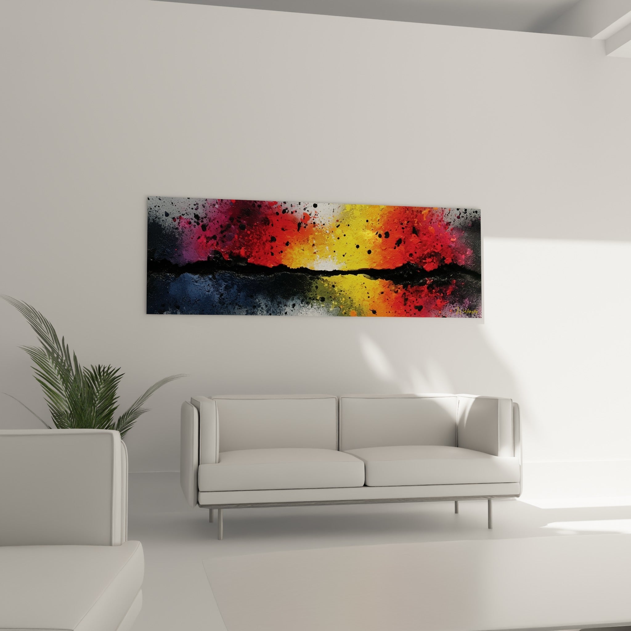 Explosion chromatique rouge orange et bleu marine, style Peinture abstrait au-dessus d'un canapé dans un salon lumineux