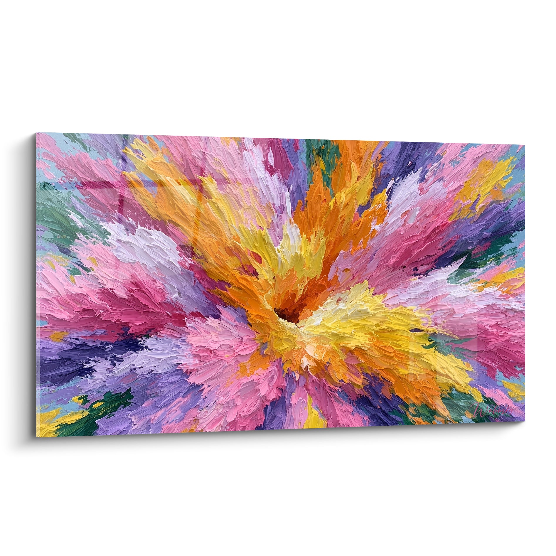 Explosion florale style Peinture abstrait aux teintes rose, orange et violette en relief épais