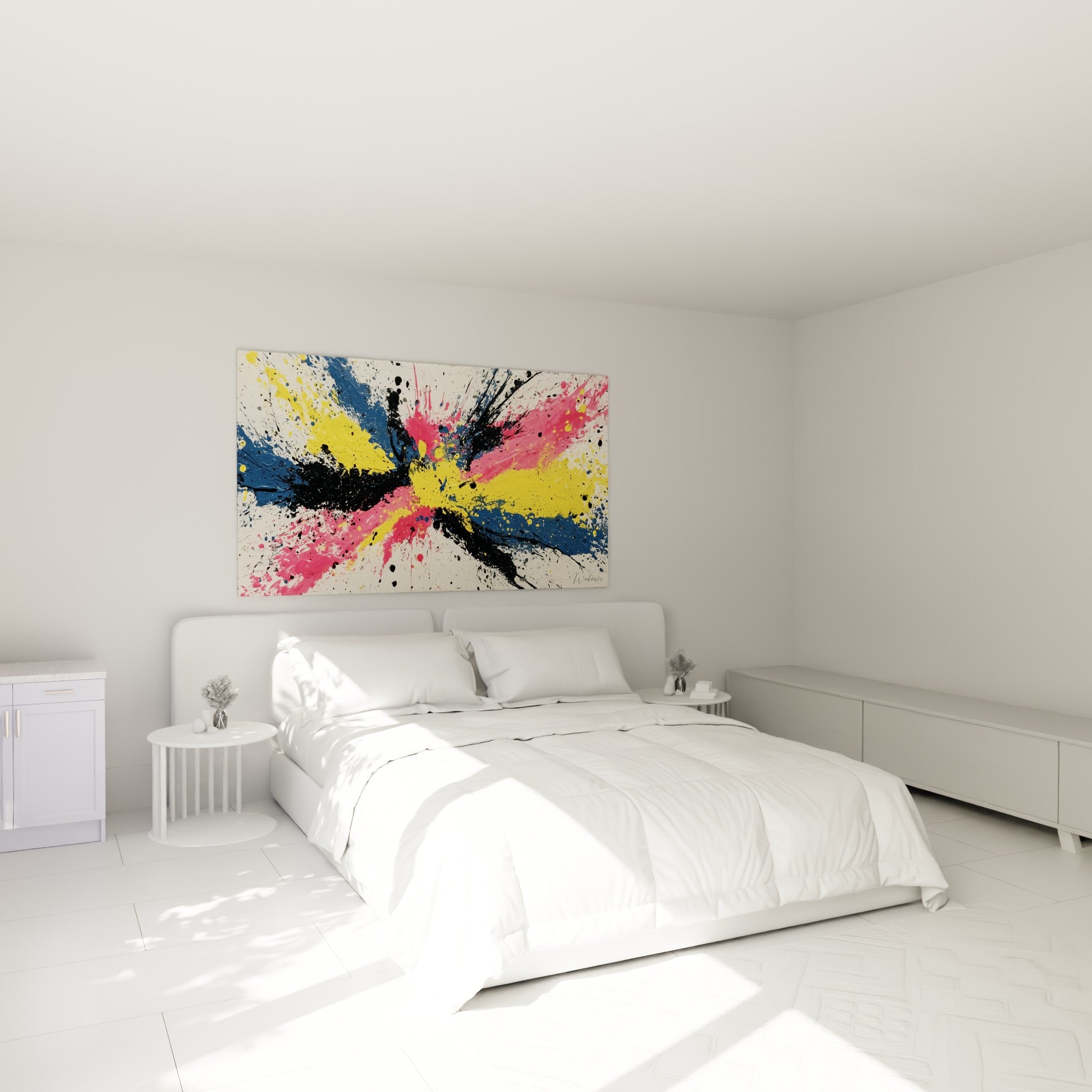 Explosion picturale rose et jaune, style Peinture abstrait, au-dessus d'un lit dans une chambre claire