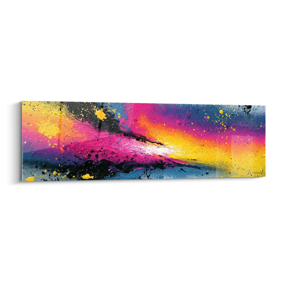 Explosion picturale style Peinture abstrait en rose fuchsia et jaune safran sur fond bleu nuit intense