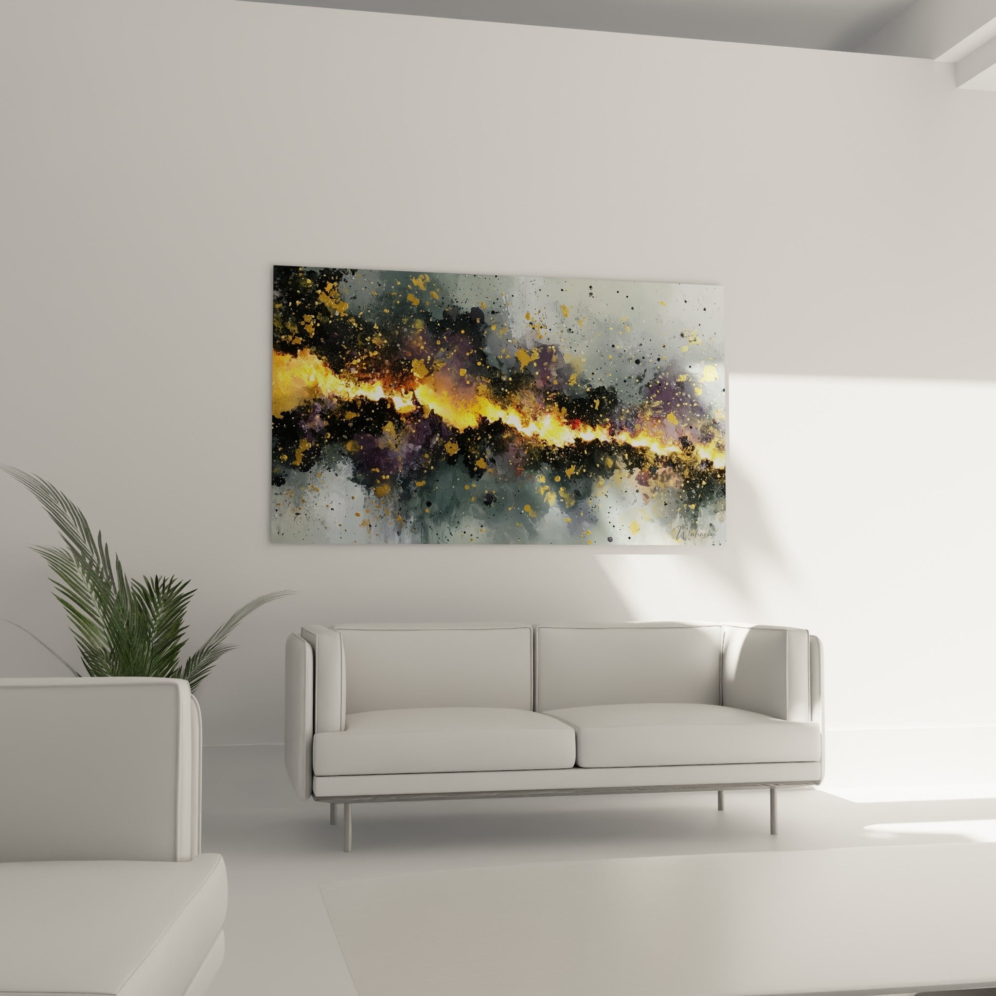 Explosion lumineuse or et gris de ce tableau style Peinture abstrait au-dessus d'un canapé dans un salon lumineux