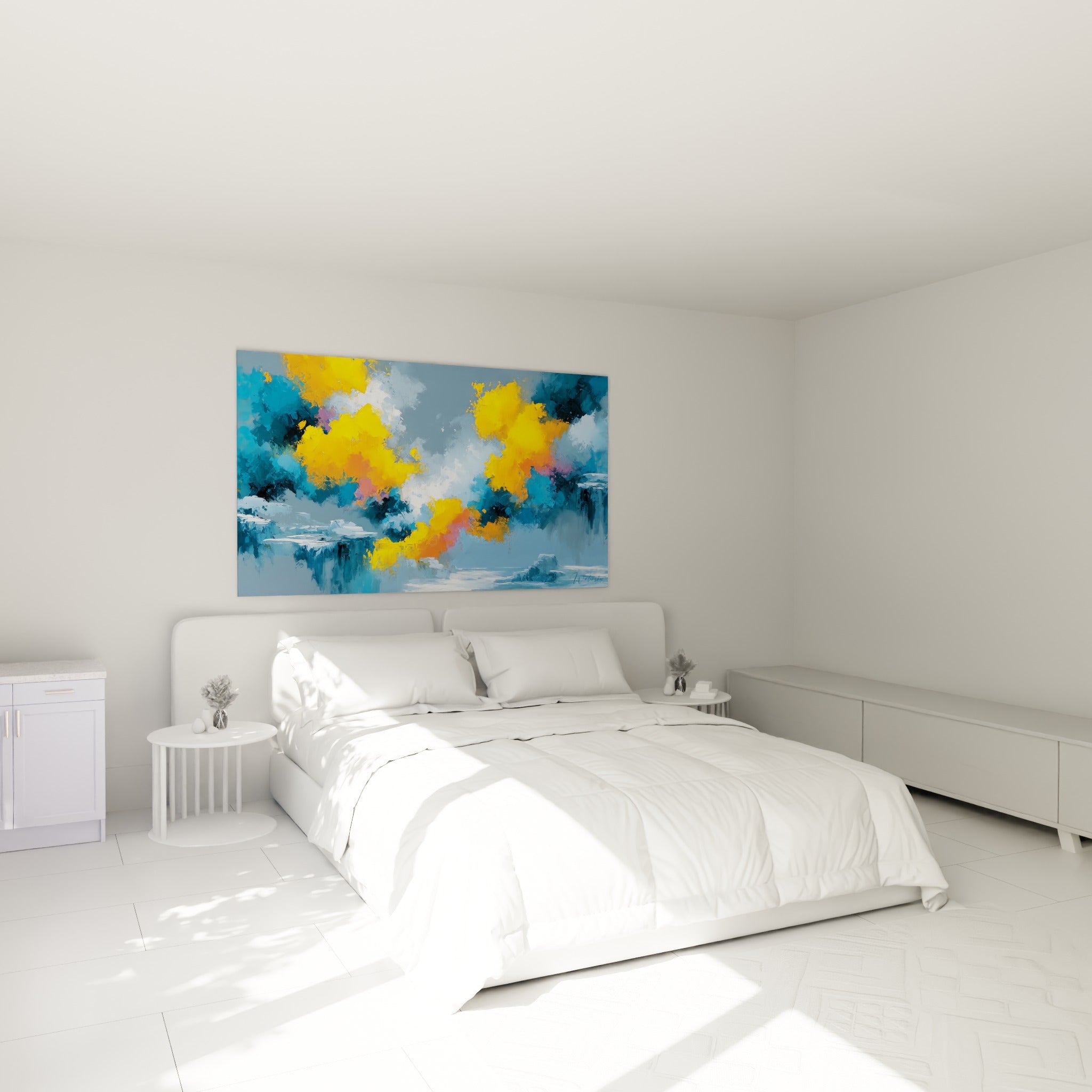 Explosion dorée sur fond bleu profond, style Peinture abstrait, au-dessus d'un lit dans une chambre claire