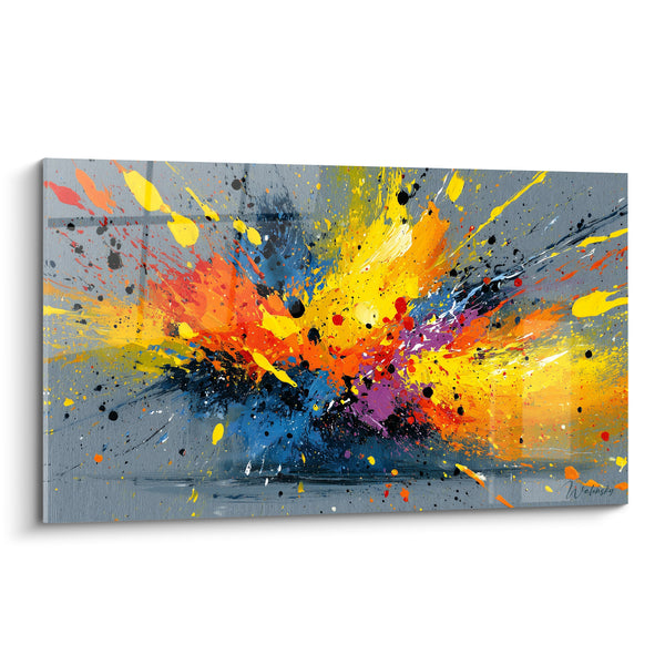 Tableau Éclaboussure jaune et orange sur fond gris - Détonation chromatique - Edition style Peinture abstrait