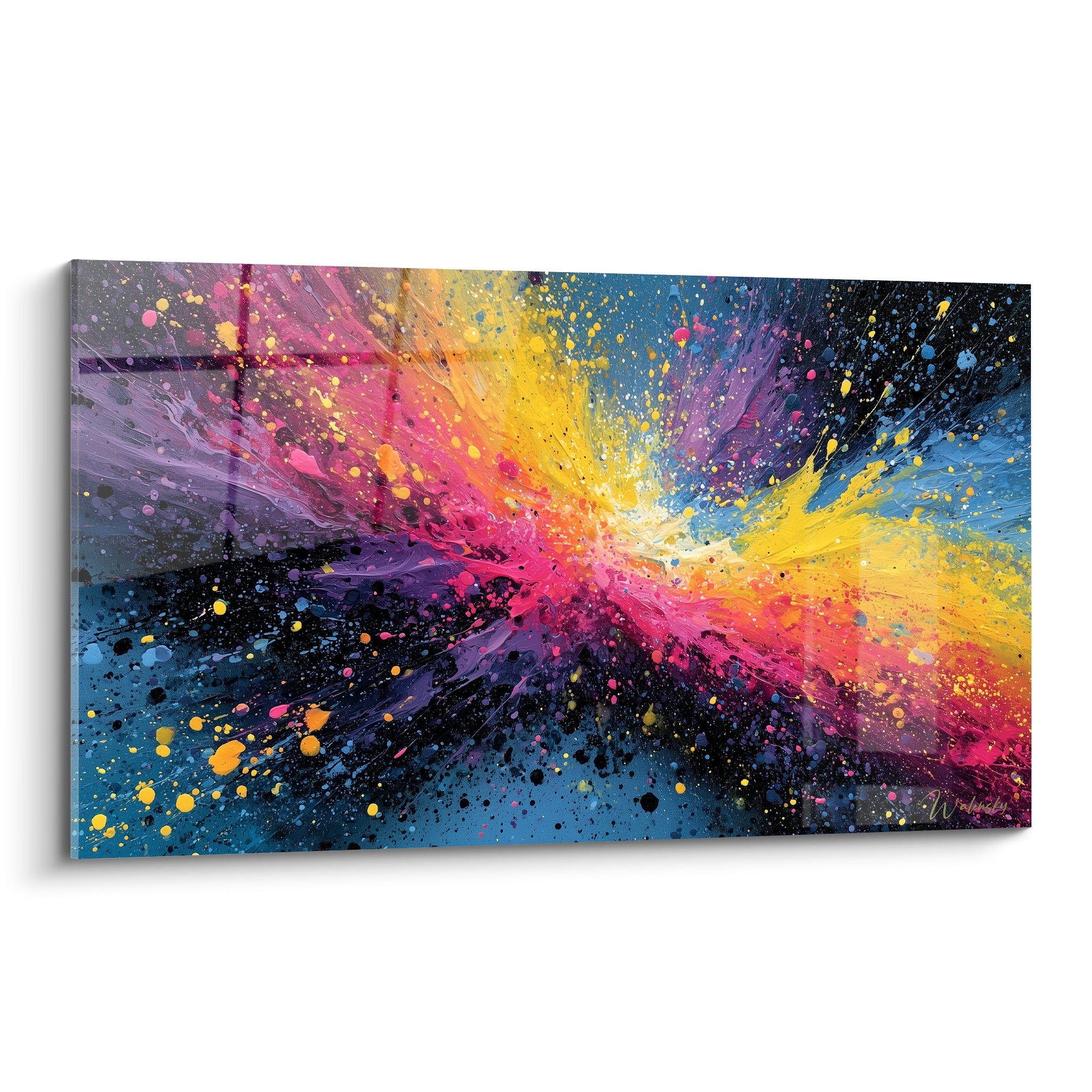 Explosion picturale jaune et rose fuchsia sur fond bleu marine et noir profond