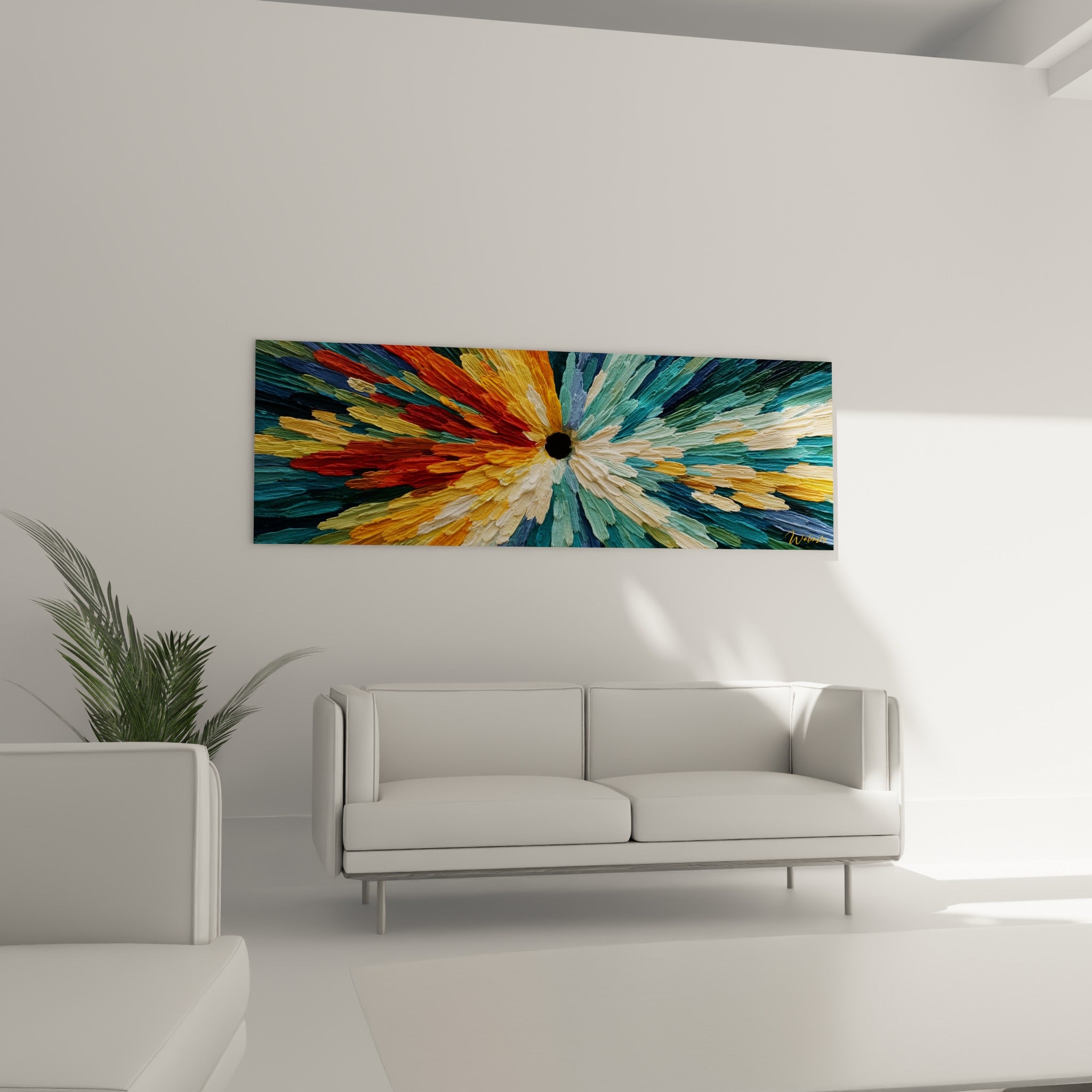 Corolle abstraite aux tons ocre et bleu marine, empâtements en relief, tableau au-dessus d'un canapé dans un salon lumineux