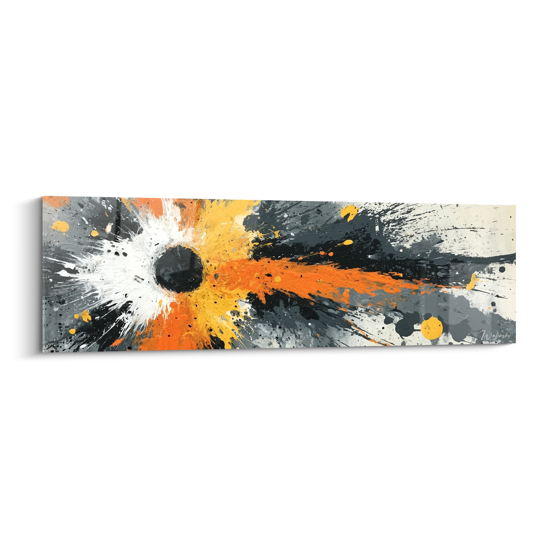 Explosion orange et anthracite en style Peinture abstrait, éclaboussures jaunes autour d'un noyau noir