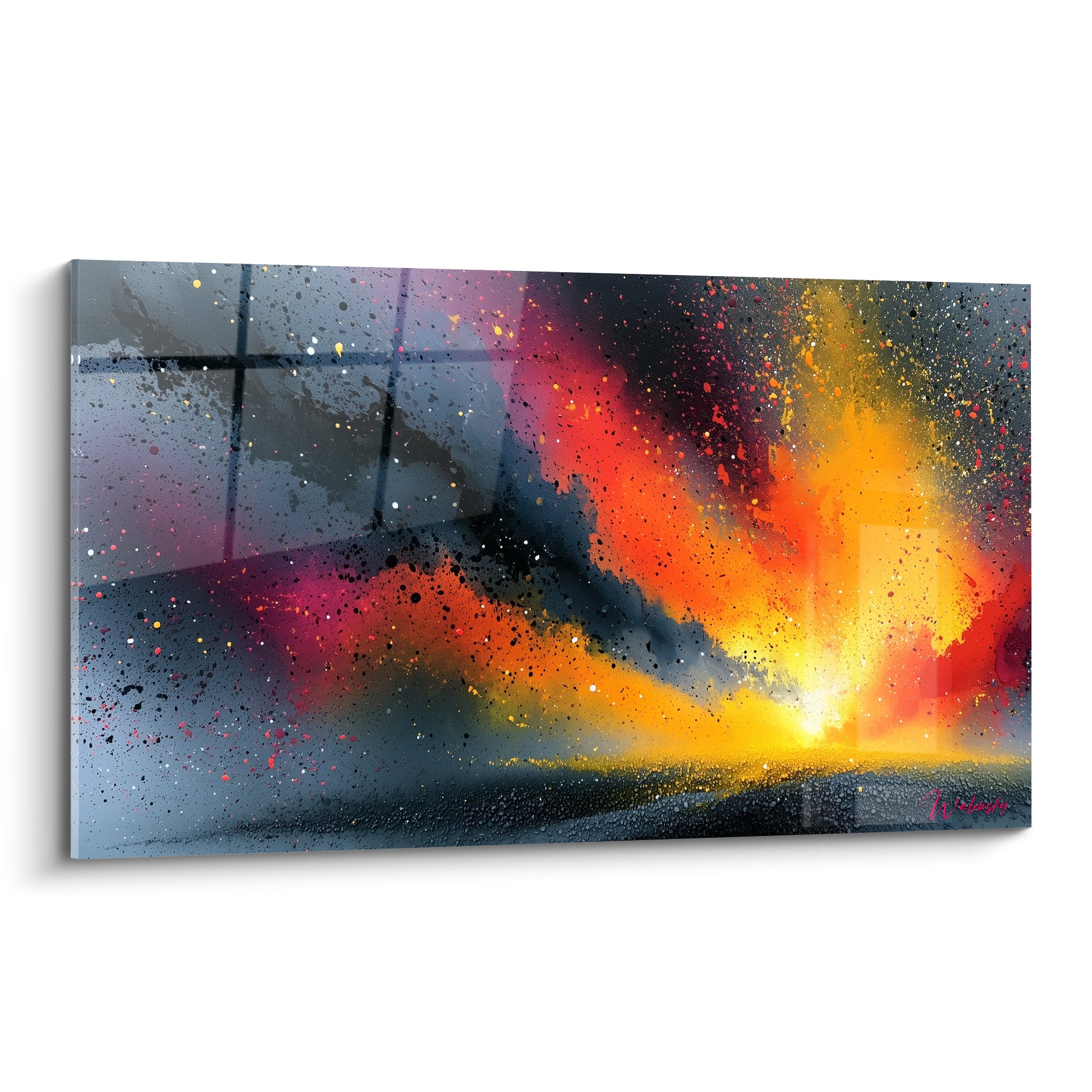 Explosion orange et anthracite en style Peinture abstrait, jaillissement lumineux sur fond sombre éclaboussé