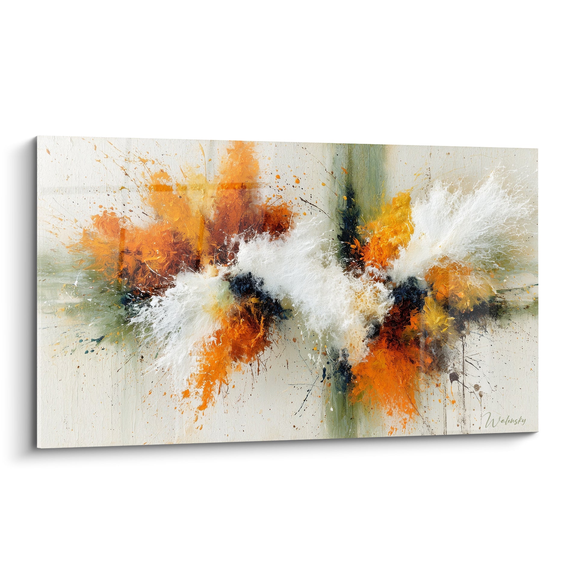 Explosion picturale style peinture abstrait aux éclats orange, ocre et blanc sur fond ivoire