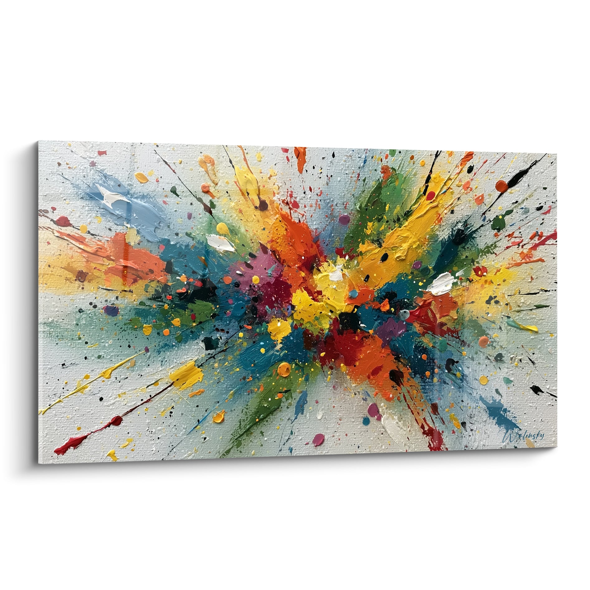 Explosion picturale orange, bleu et jaune sur fond blanc texturé, style Peinture abstrait dynamique