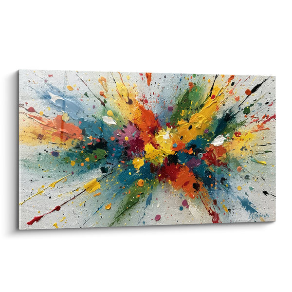 Tableau Éclaboussures orange et bleu sur fond blanc - Gerbe multicolore éclatée - Edition style Peinture abstrait