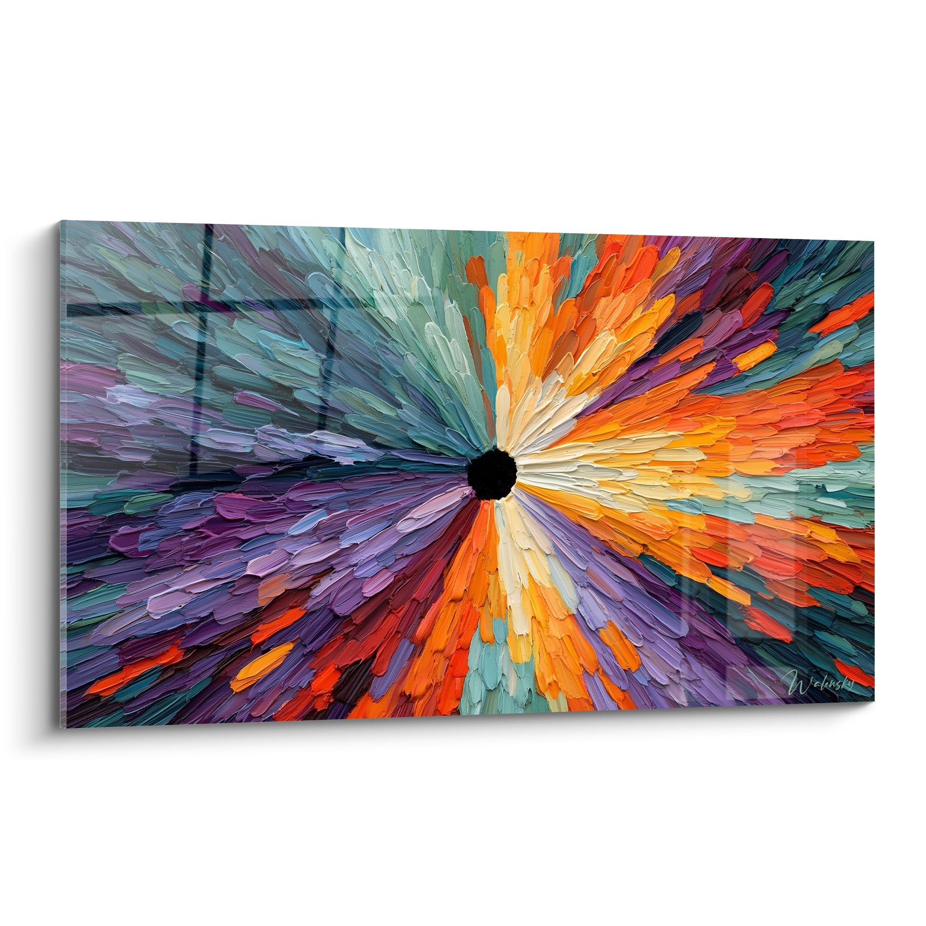 Explosion florale au centre noir, tableau style Peinture abstrait mêlant orange, violet et vert sauge en relief