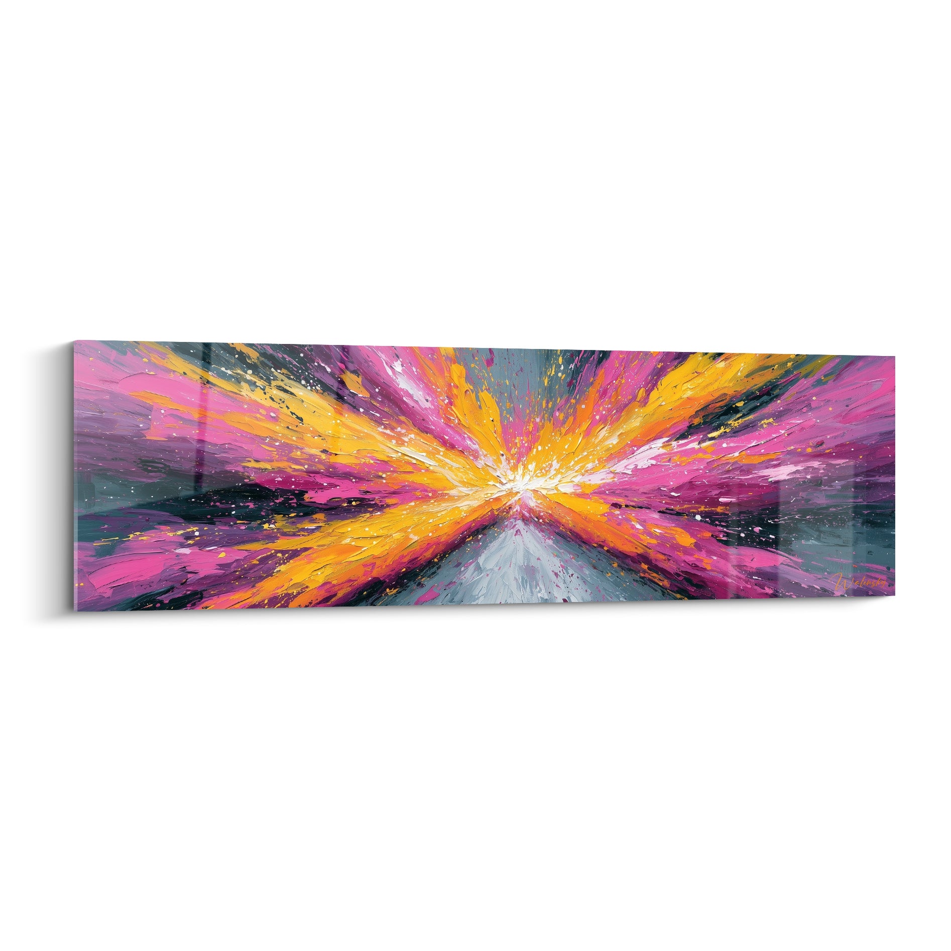 Explosion abstraite rose fuchsia et dorée jaillissant d'un centre blanc lumineux sur toile