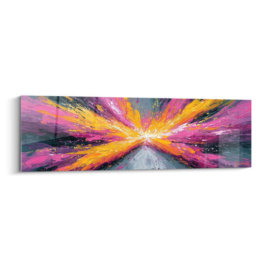 Explosion abstraite rose fuchsia et dorée jaillissant d'un centre blanc lumineux sur toile