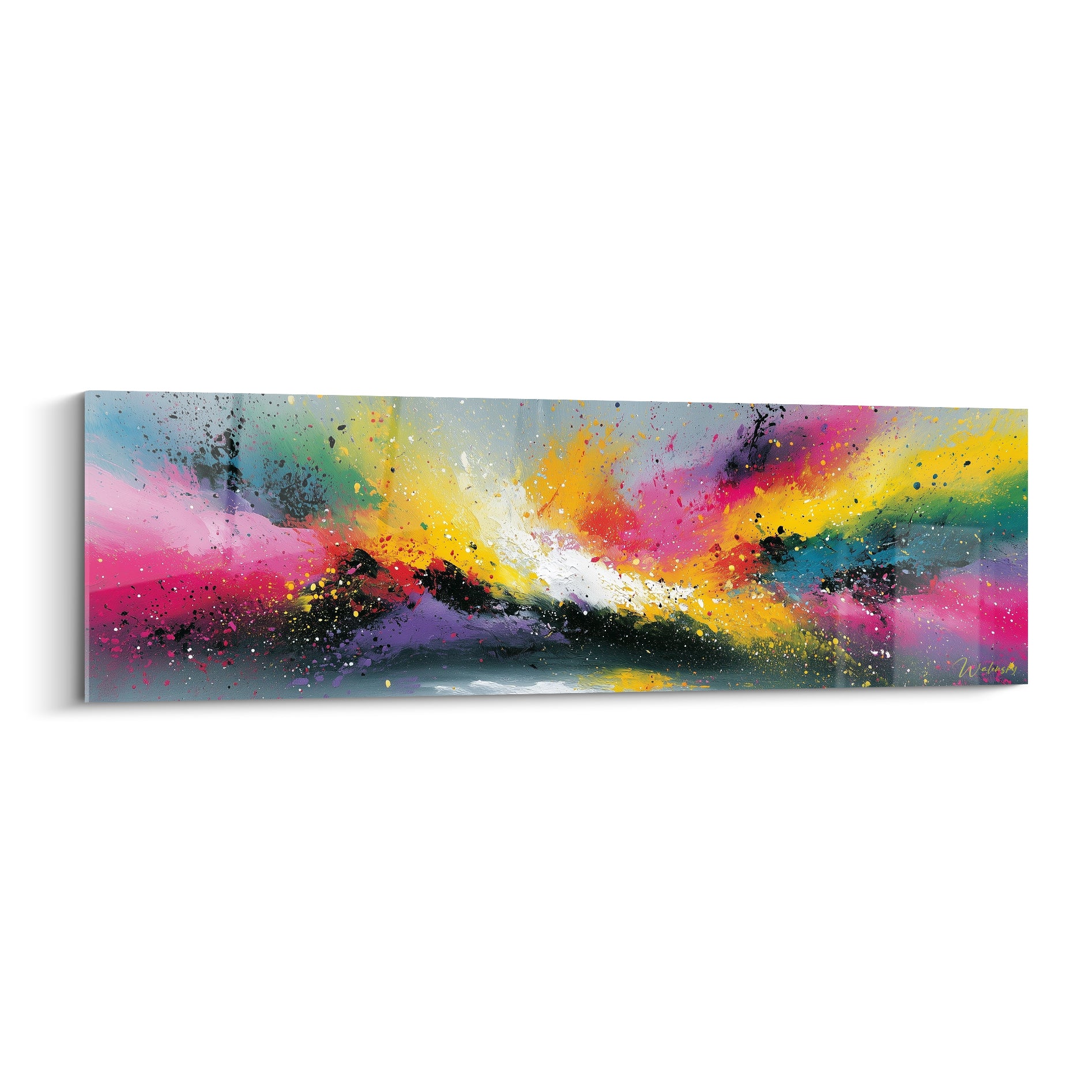 Tableau style Peinture abstrait, explosion rose fuchsia et jaune doré sur fond gris, éclaboussures noires