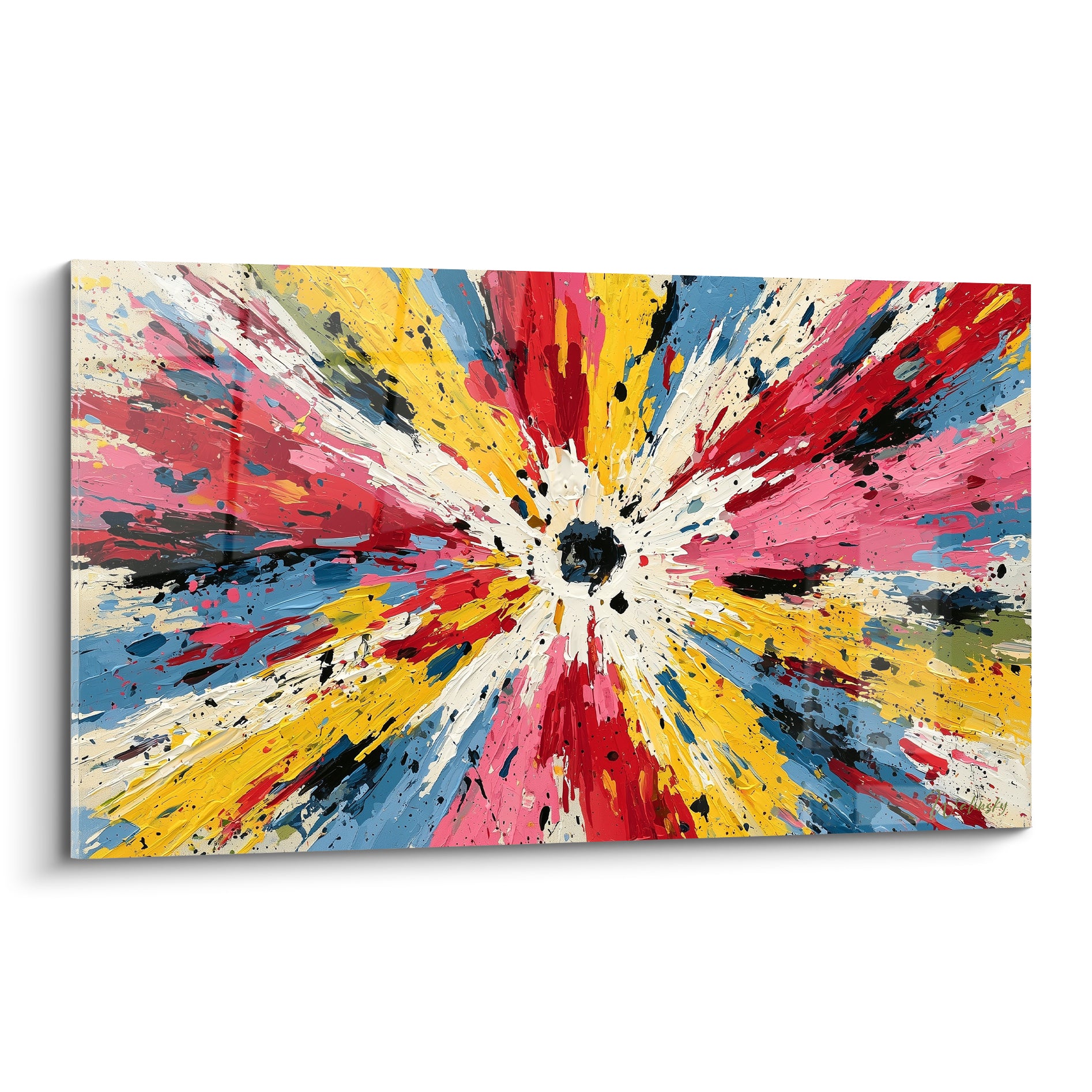 Explosion radiale rose, jaune et bleu jaillissant d'un point noir central, style Peinture abstrait