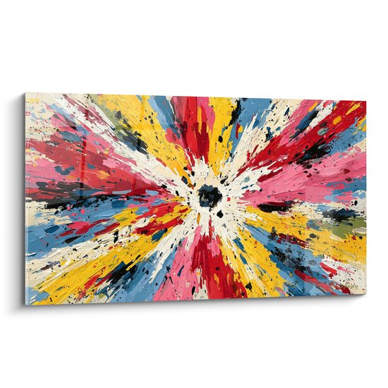 Explosion radiale rose, jaune et bleu jaillissant d'un point noir central, style Peinture abstrait