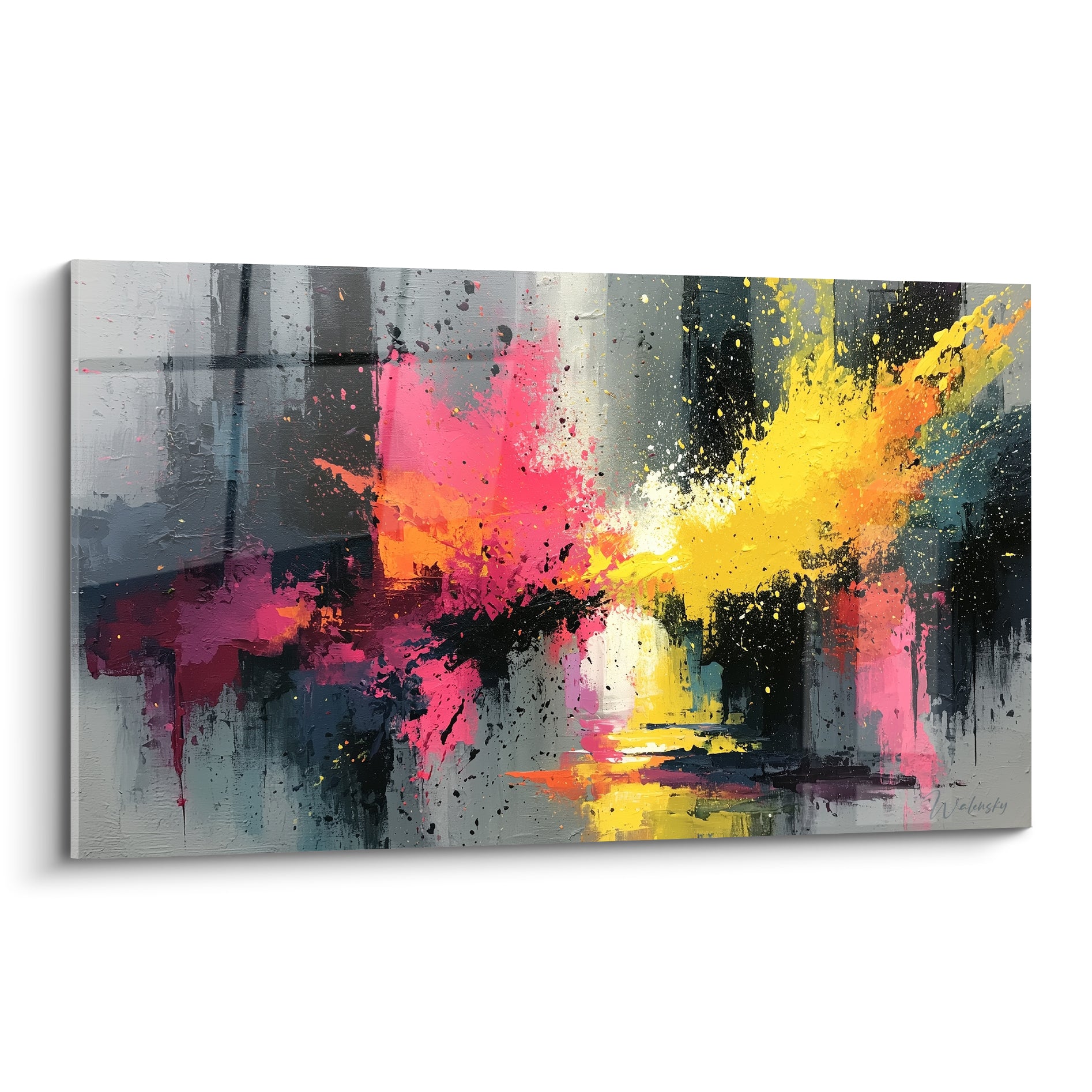 Explosion de rose fuchsia et jaune safran sur fond gris anthracite, style Peinture abstrait aux coulures marquées