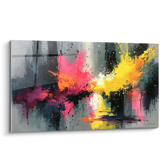 Explosion de rose fuchsia et jaune safran sur fond gris anthracite, style Peinture abstrait aux coulures marquées