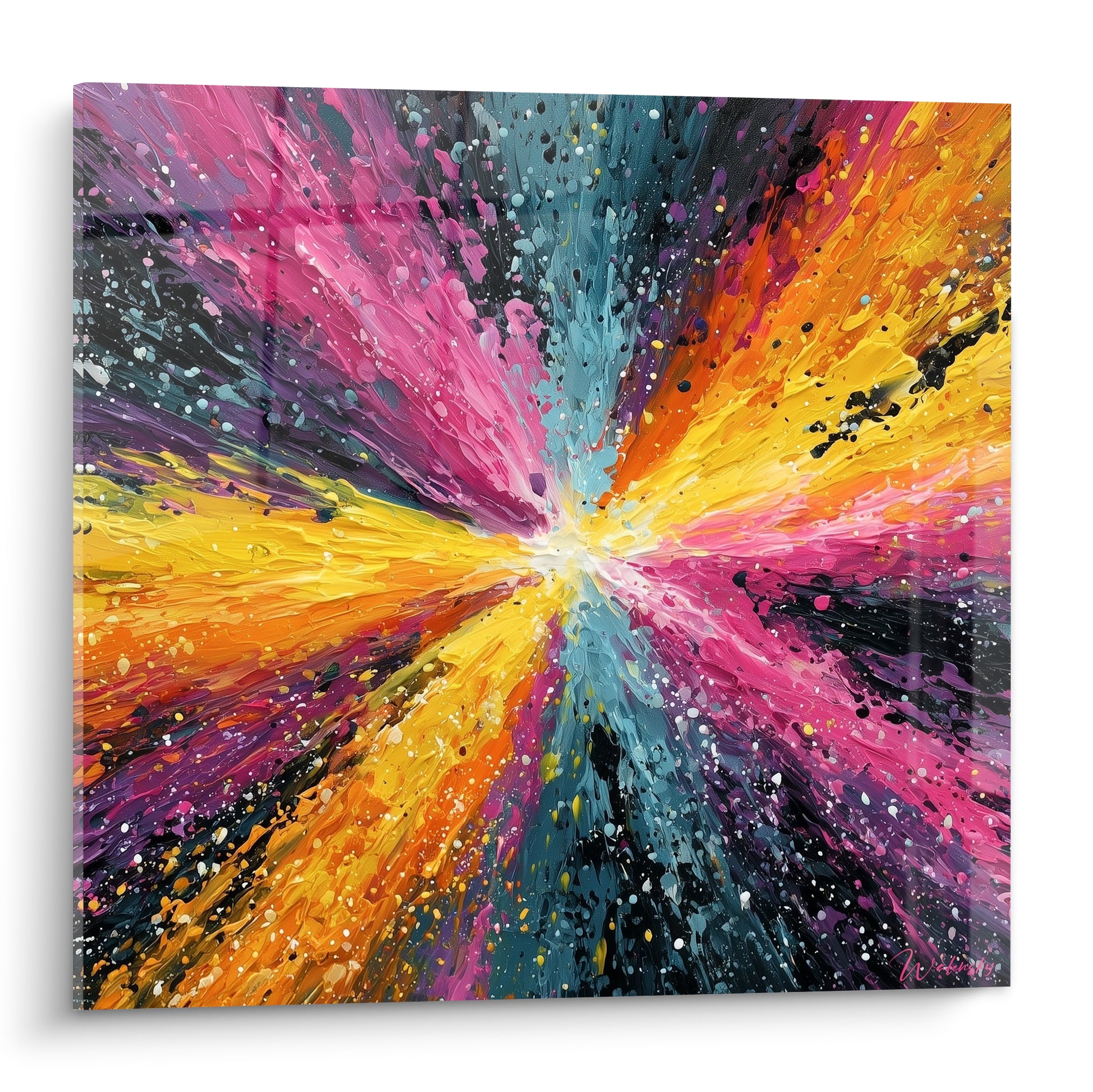 Explosion picturale rose fuchsia et jaune safran avec éclats bleu pétrole en style Peinture abstrait