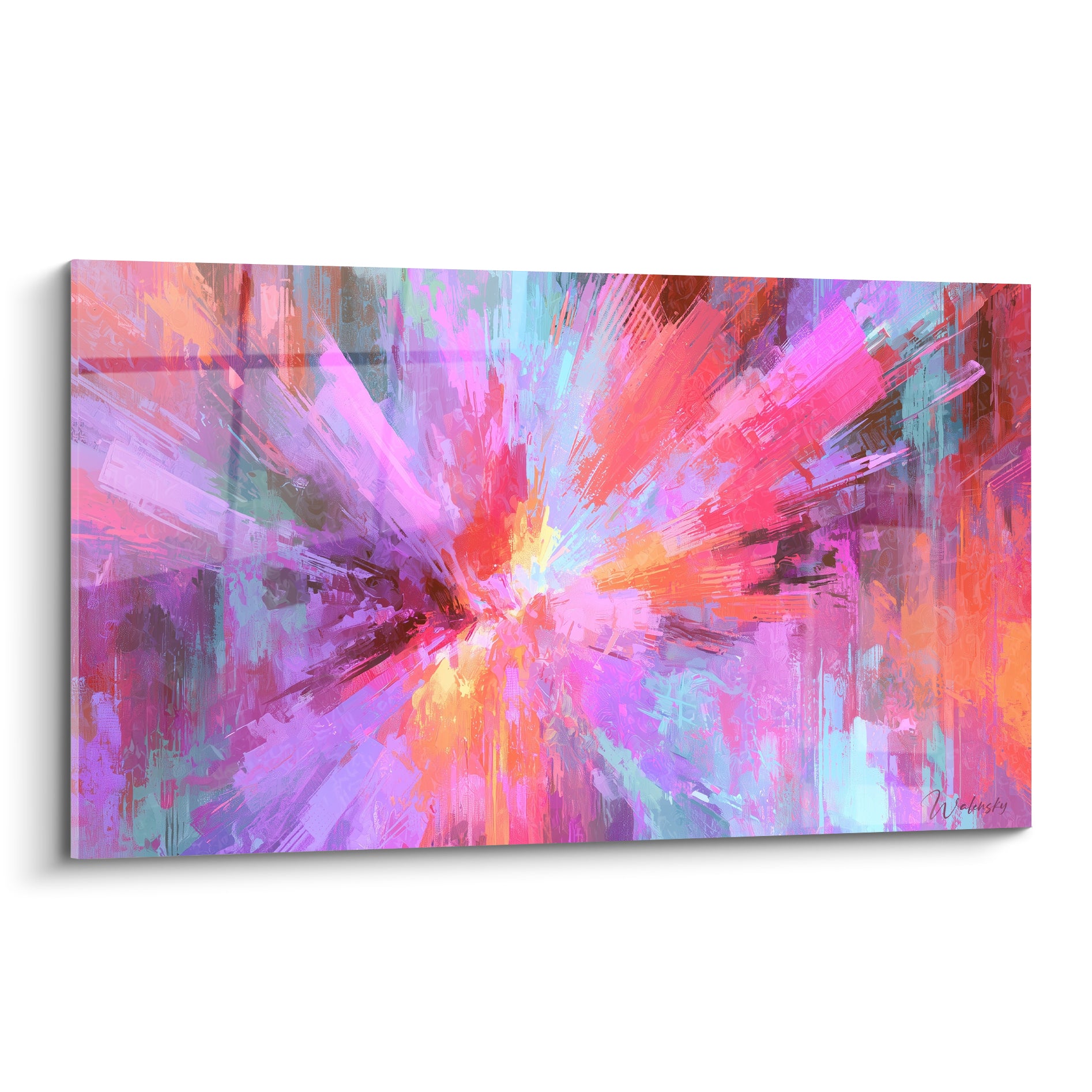 Explosion de style Peinture abstrait en rose, turquoise et doré au centre éclatant