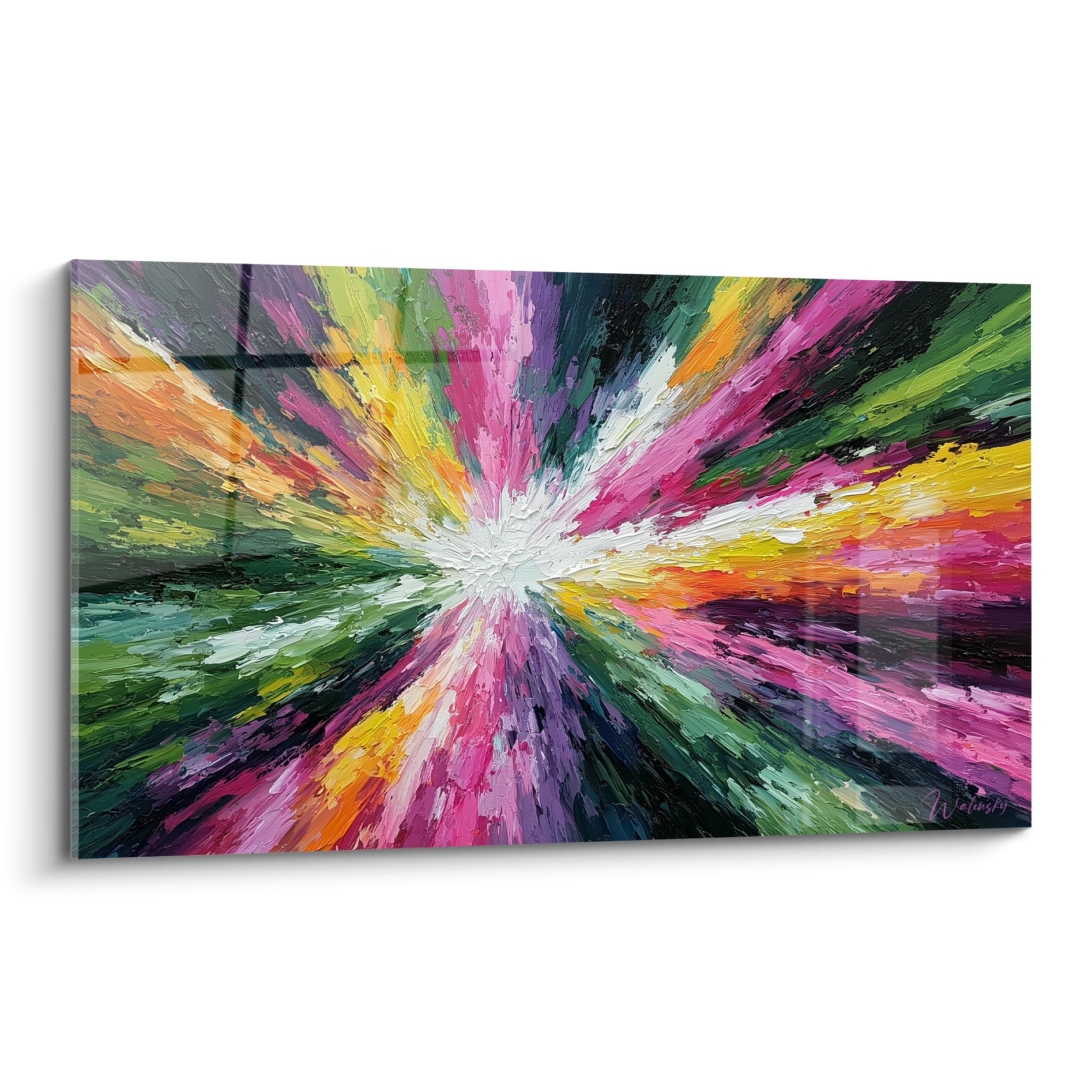 Explosion florale style Peinture abstrait aux teintes rose fuchsia, vert émeraude et jaune doré empâtées