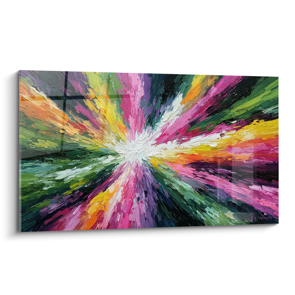 Tableau Explosion rayonnante rose et vert vif - Point de fuite lumineux - Edition style Peinture abstrait