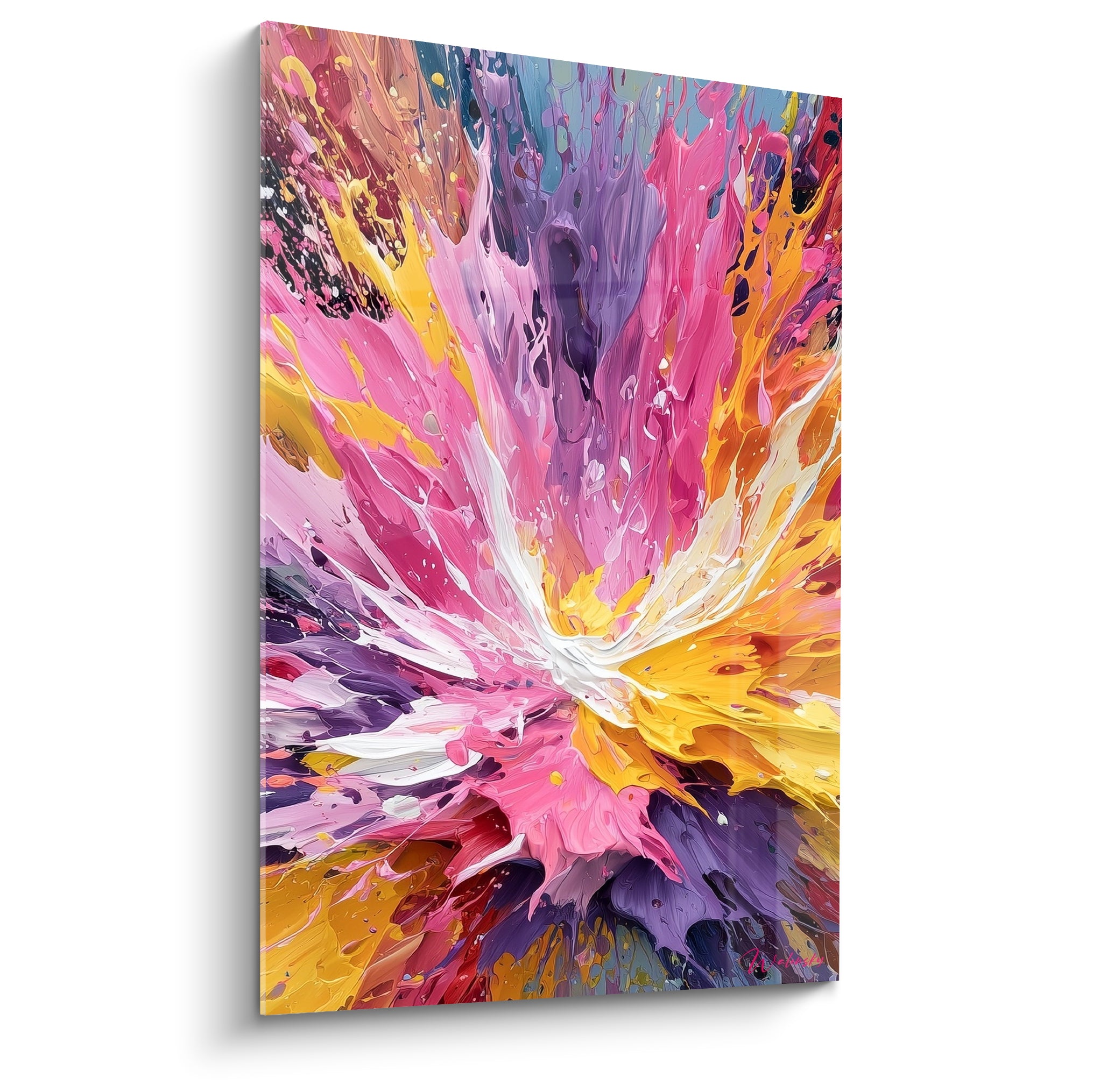 Explosion abstraite rose fuchsia et violette avec éclats dorés, peinture épaisse en style Peinture abstrait