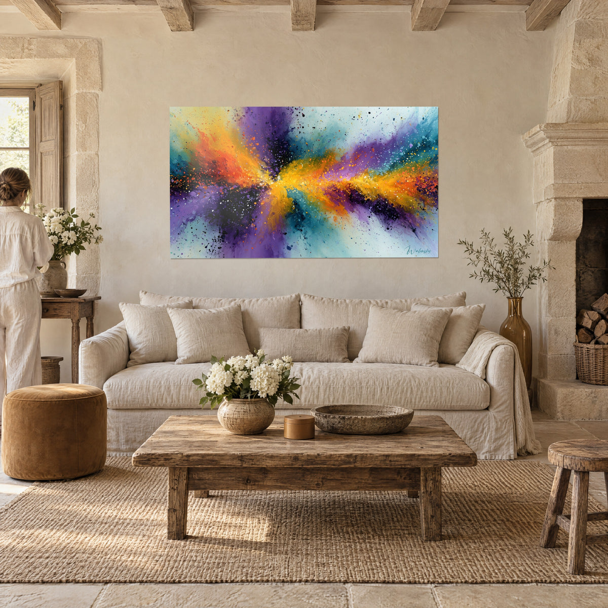 Wall art violet and gold nebula explosion, bright yellow and vivid orange, splashes, above a sofa in a bright living room