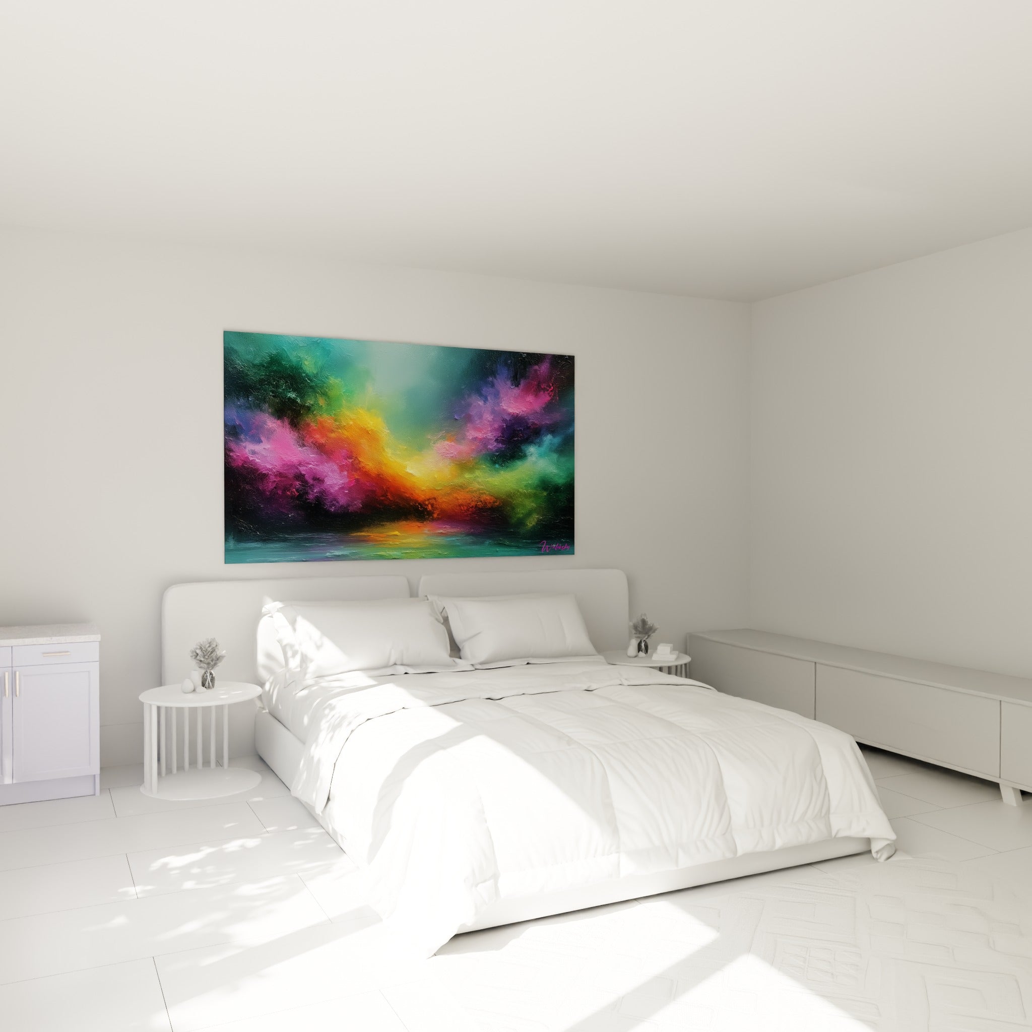 Explosion colorée orange et turquoise en style Peinture abstrait, au-dessus d'un lit dans une chambre claire