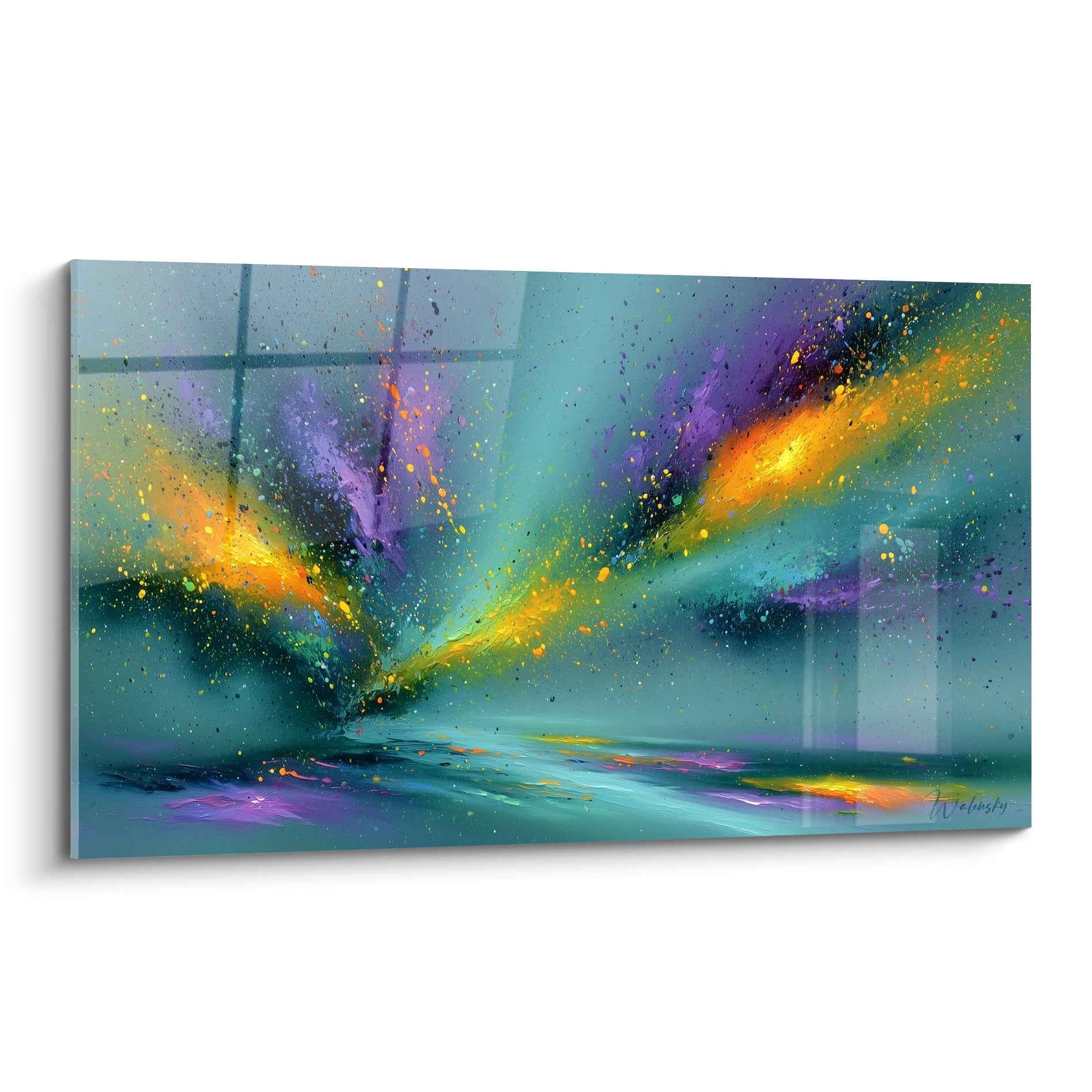Explosion turquoise et dorée style Peinture abstrait avec éclats violets sur toile en plein cadre